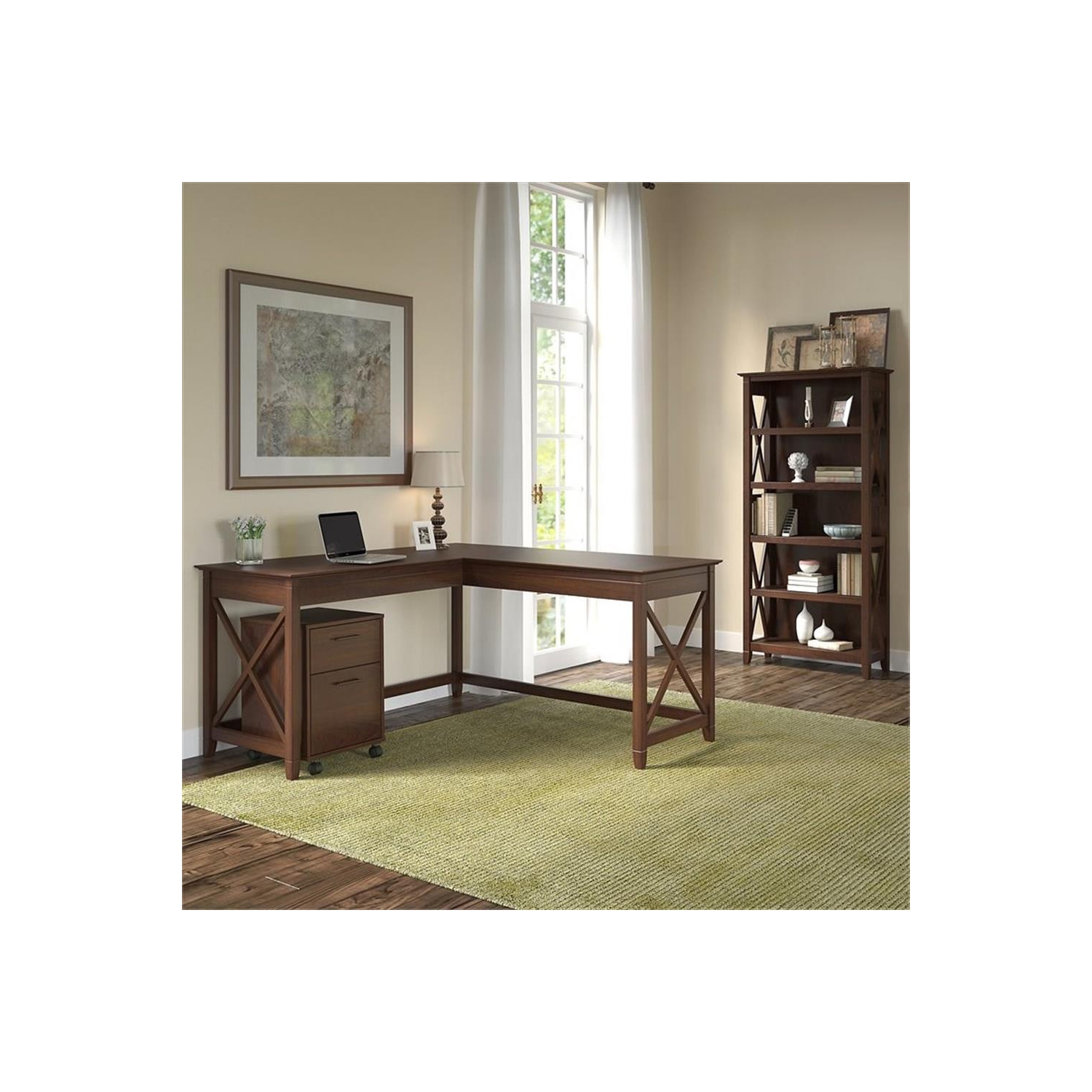 Bush Furniture Key West 60W L Shaped Desk with Mobile File Cabinet & Bookcase