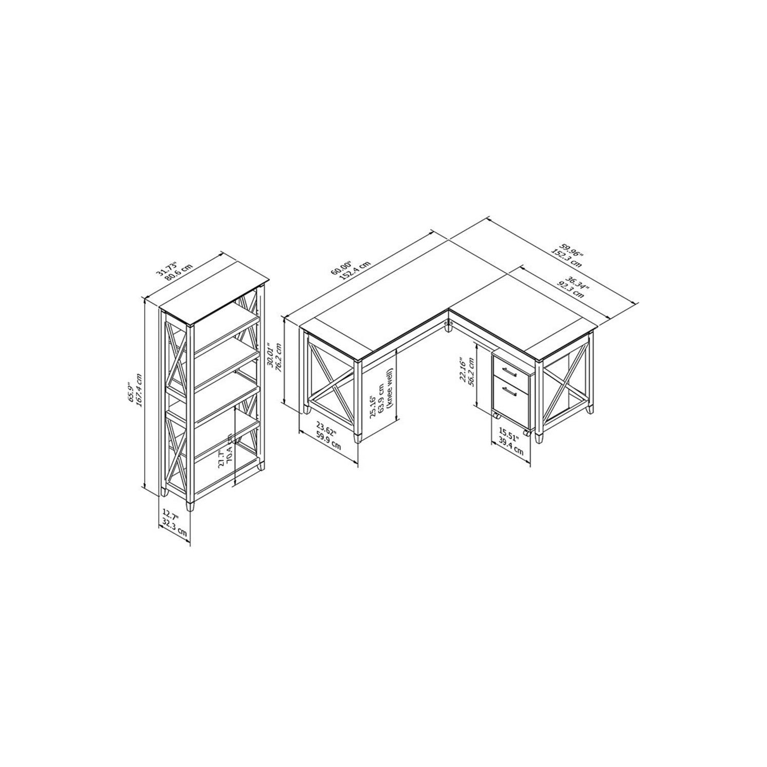 Bush Furniture Key West 60W L Shaped Desk with Mobile File Cabinet & Bookcase