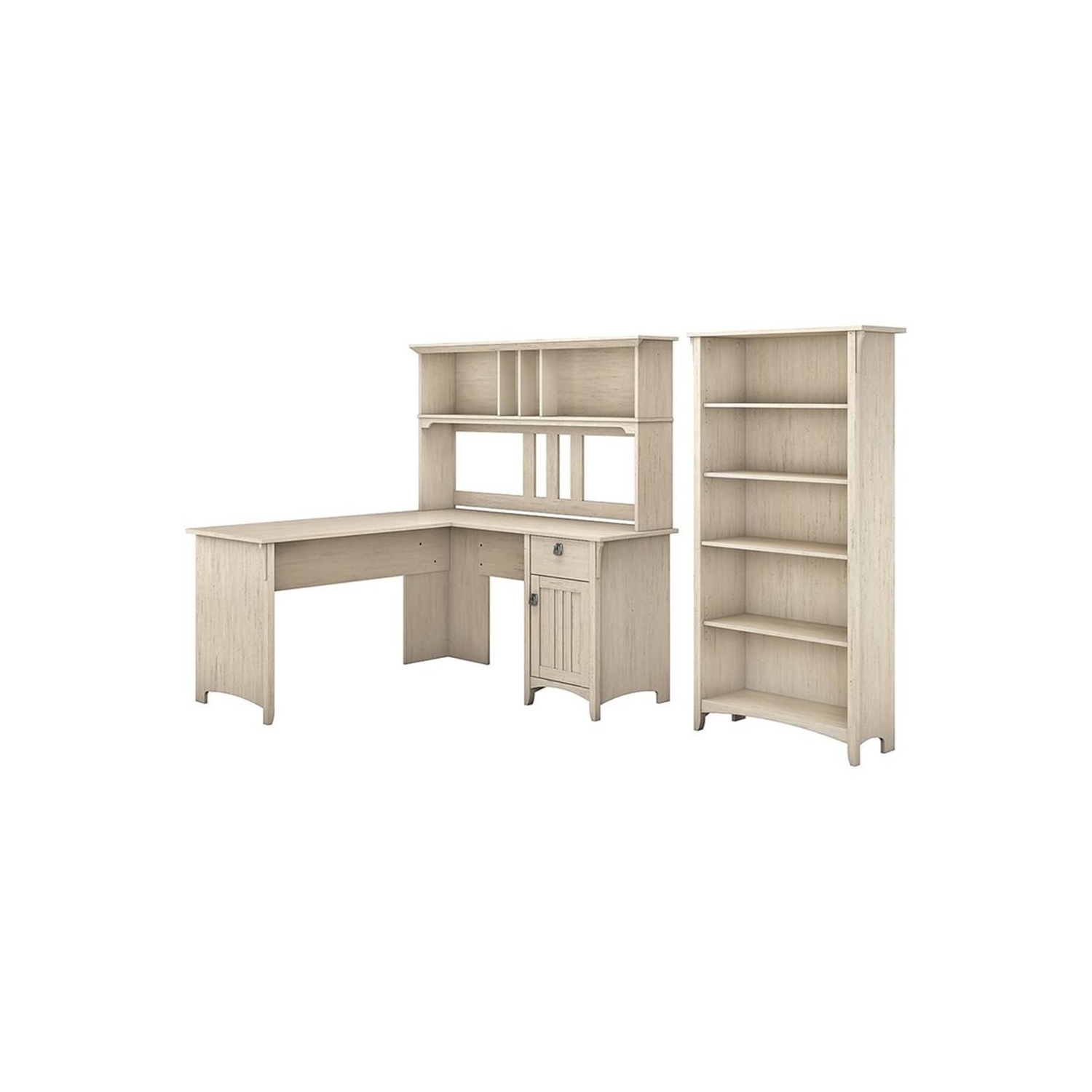 Salinas L Shaped Desk with Hutch and Bookcase in Antique White - Engineered Wood