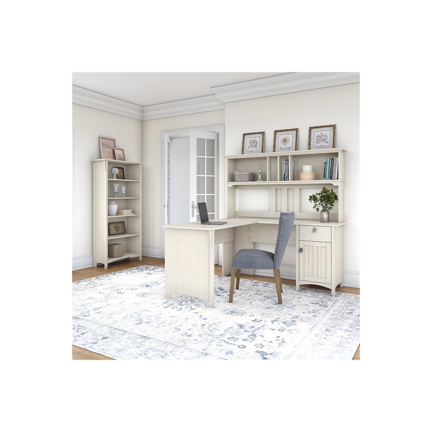 Salinas L Shaped Desk with Hutch and Bookcase in Antique White - Engineered Wood