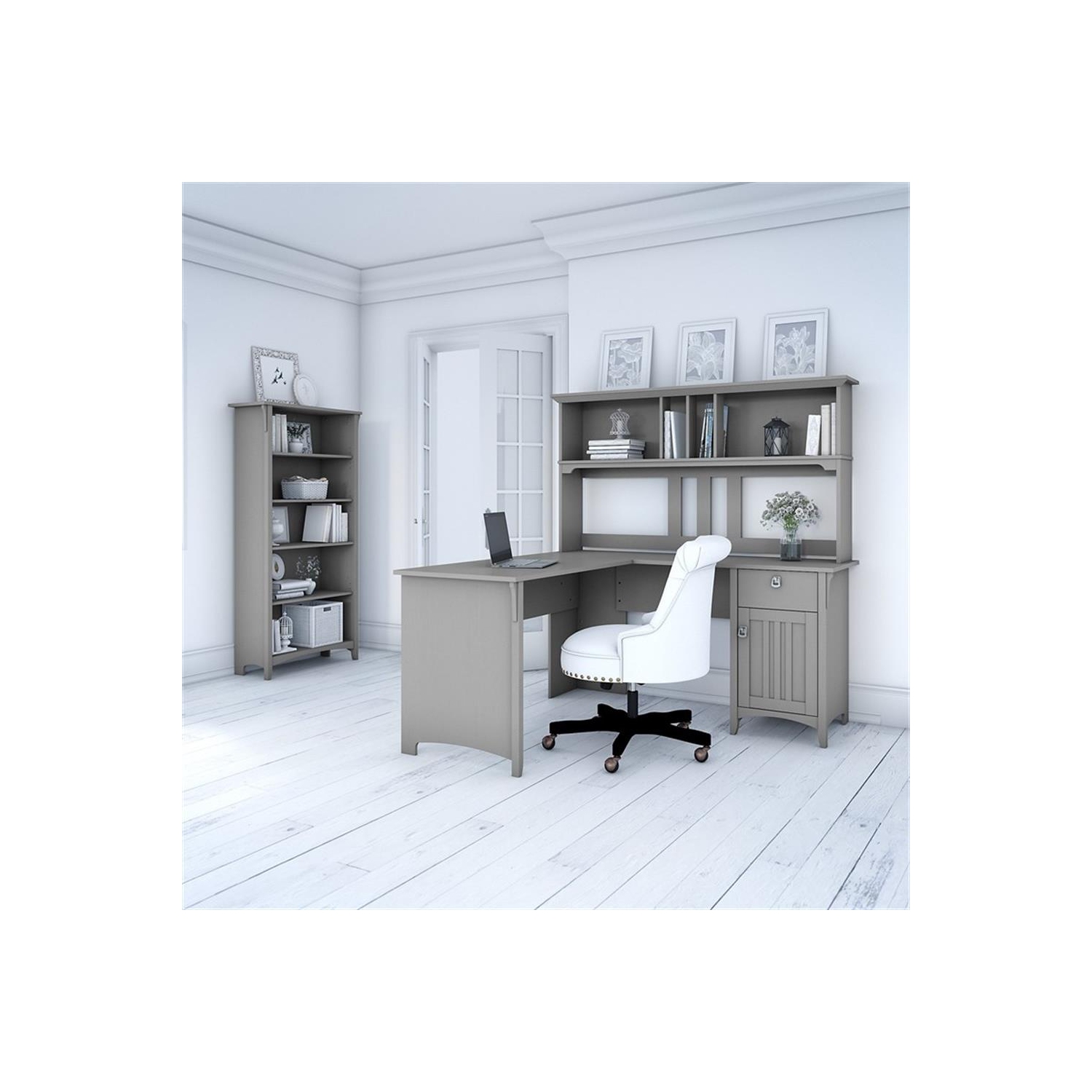 Bush Furniture Salinas 60W L Shaped Desk with Hutch and Bookcase in Cape Cod Gray
