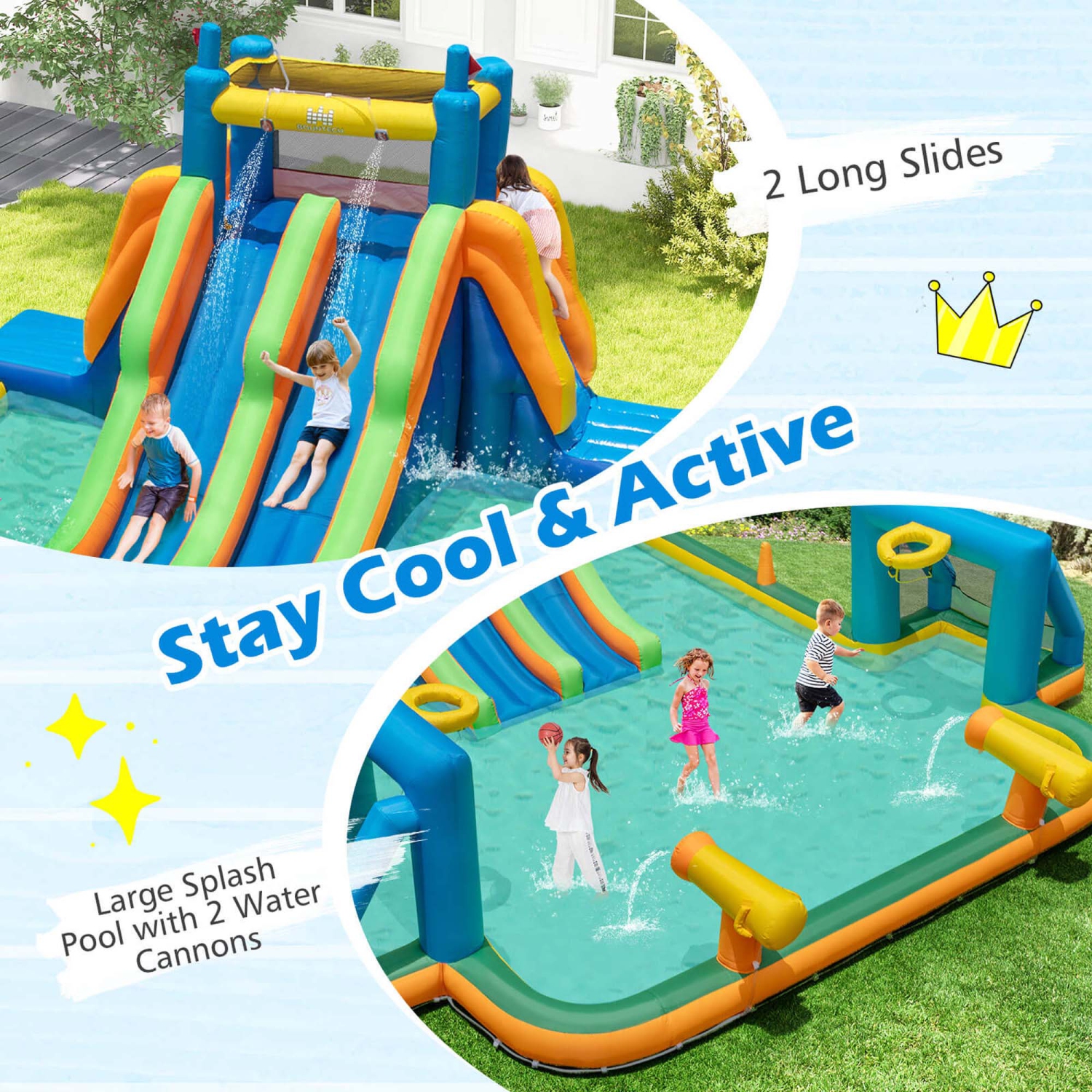 Costway Inflatable Water Slide with 2 Long Slides Pool Climbing Walls Blower Excluded