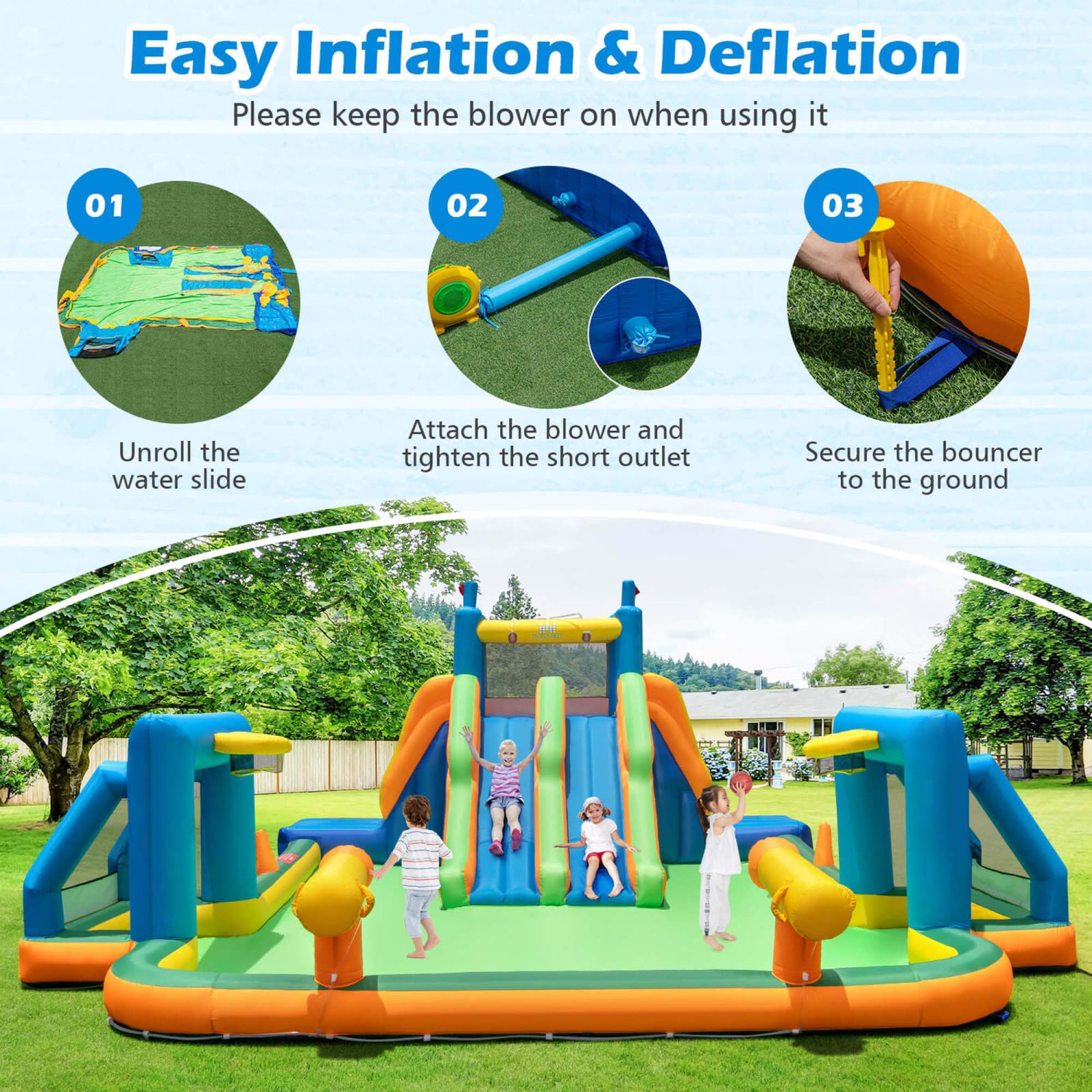 Costway Inflatable Water Slide with 2 Long Slides Pool Climbing Walls Blower Excluded
