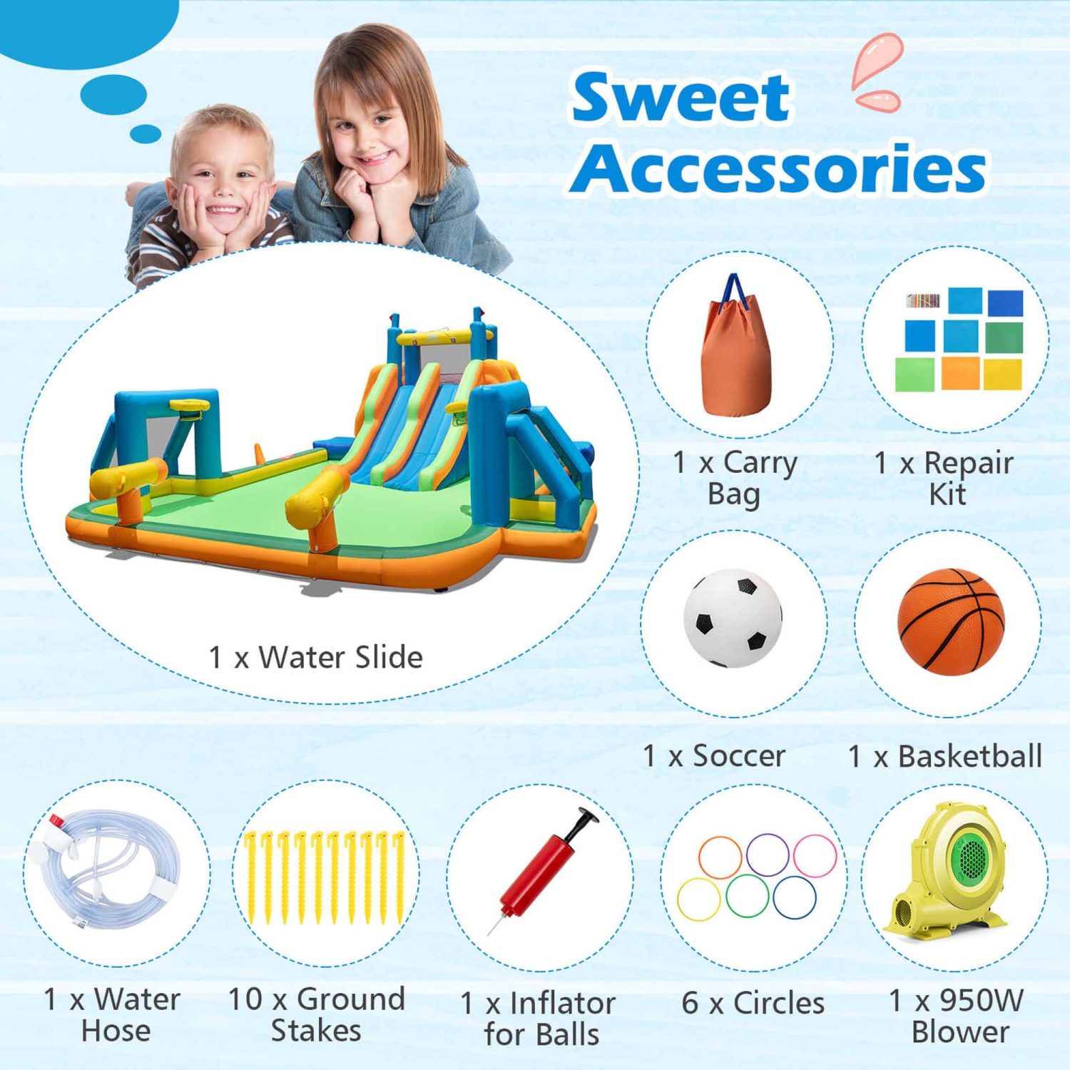 Glissade d'eau gonflable de Costway avec 2 longues lames de piscine murs d'escalade 950&nbsp;W Blower