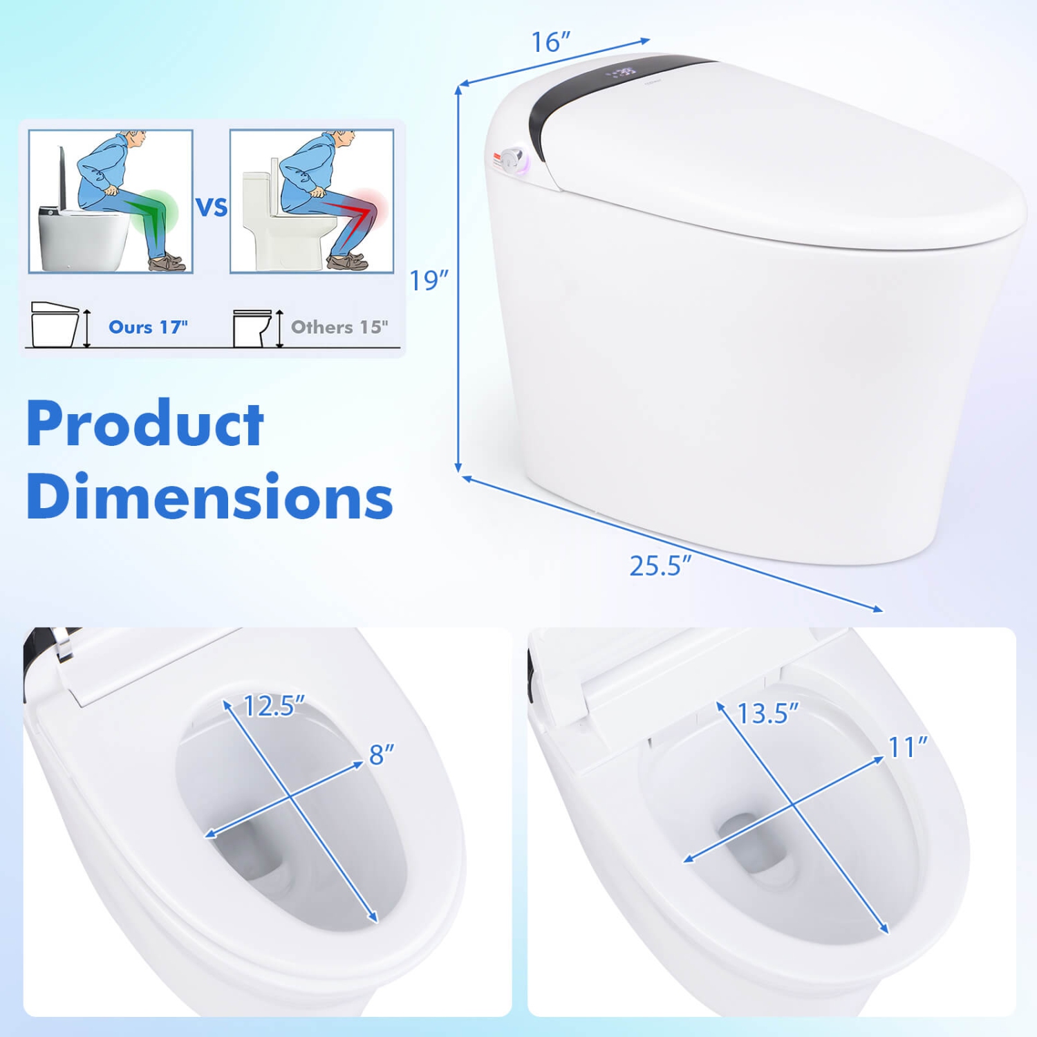 Costway Smart Toilet with LED Display Adjustable Heated Seat Dryer Auto Open/Close Lid