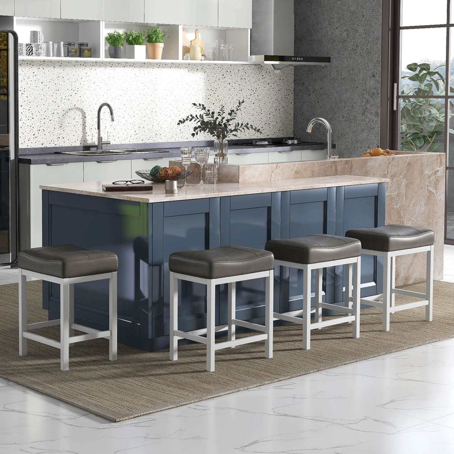 Costway 24.5" Bar Stool Set of 4 with Solid Rubber Wood Frame Humanized Footrest Kitchen