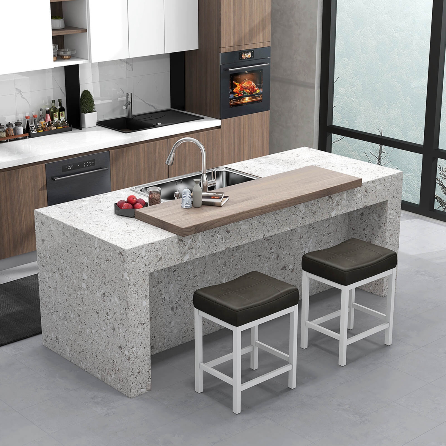 Costway 24.5" Bar Stool Set of 4 with Solid Rubber Wood Frame Humanized Footrest Kitchen