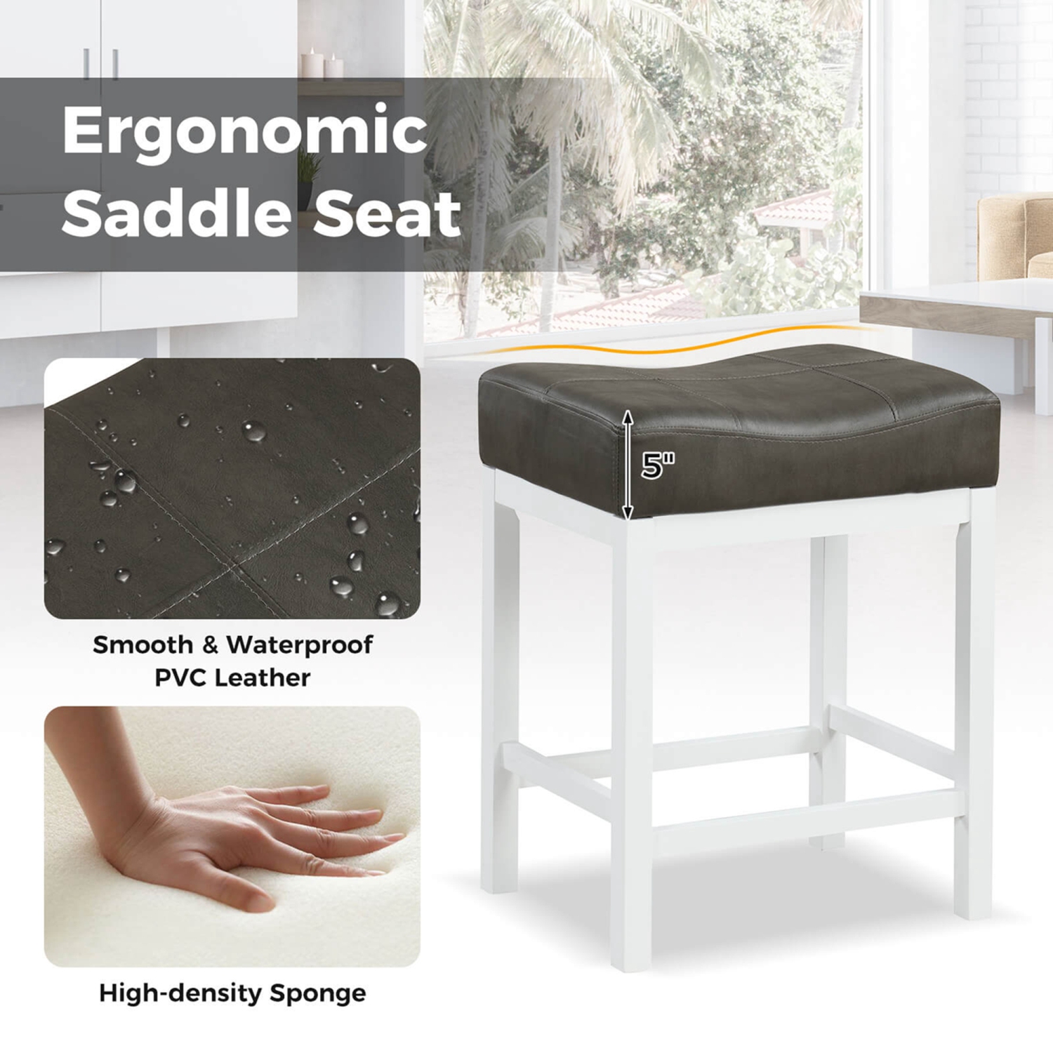 Costway 24.5" Bar Stool Set of 4 with Solid Rubber Wood Frame Humanized Footrest Kitchen