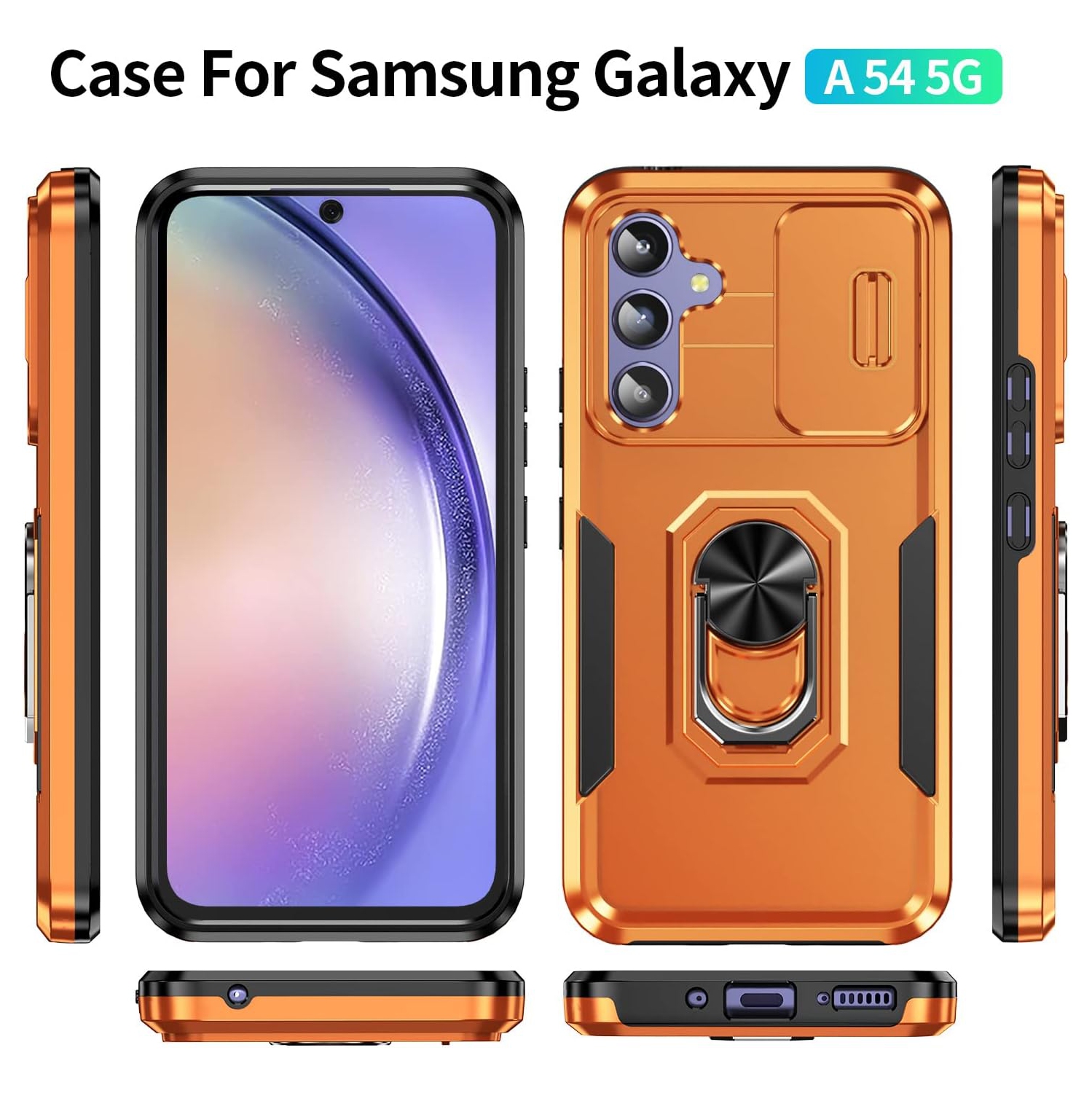 for Samsung Galaxy A54 5G Case with Slide Camera Protective Cover and Screen Protector,Ring Kickstand Heavy Duty