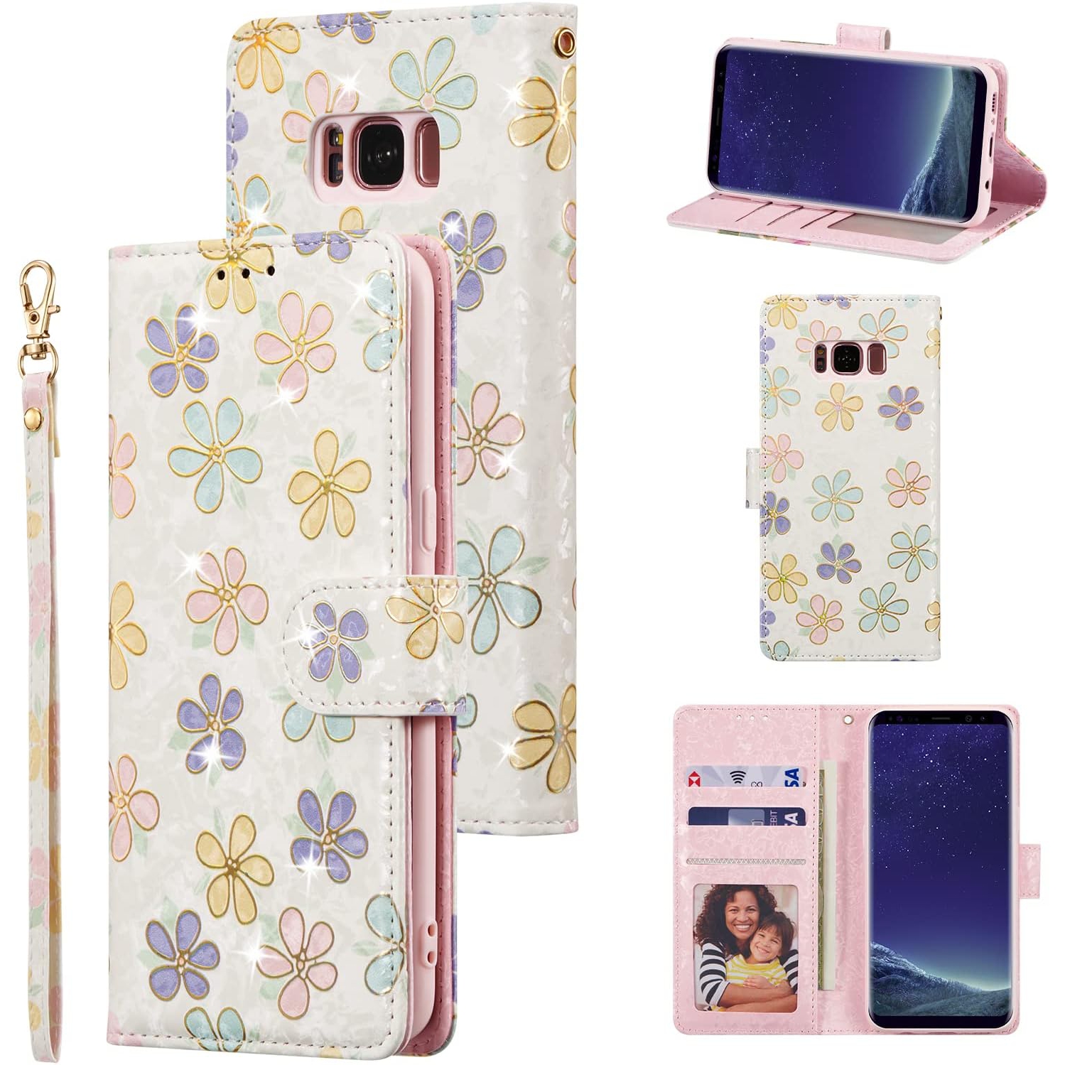 Wallet Case for Samsung Galaxy S8, PU Leather Phone Case Kickstand RFID Blocking Flip Case with Card Slots Wrist