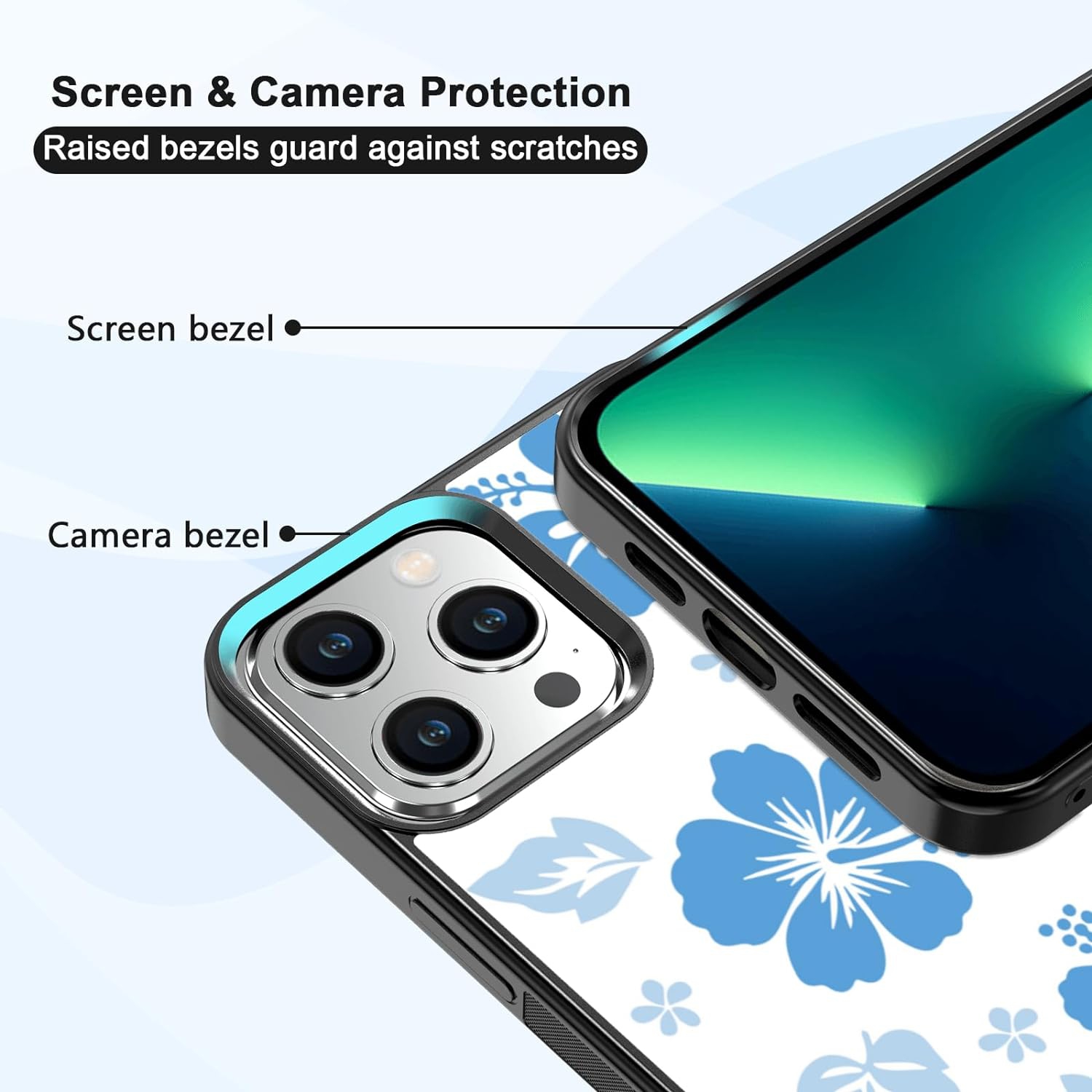 for iPhone 13 Pro Max Case Cute Kawaii Blue Hibiscus Hawaiian Flower Floral Aesthetic Phone Case for Girls