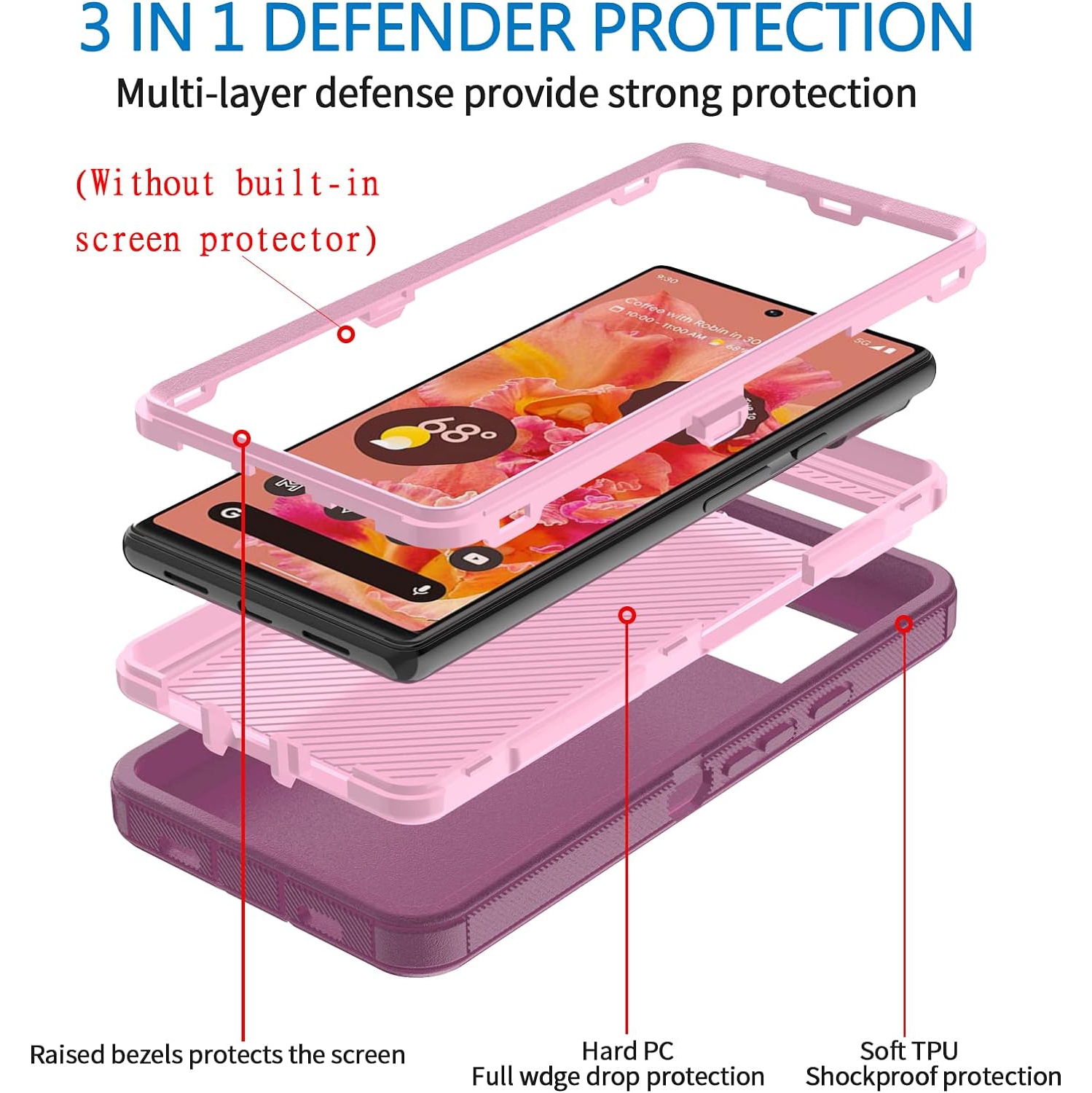 Case for Google Pixel 6, Pixel 6 Phone Case Heavy Duty Shockproof Dustproof Rugged Defender Protective, 3 in 1