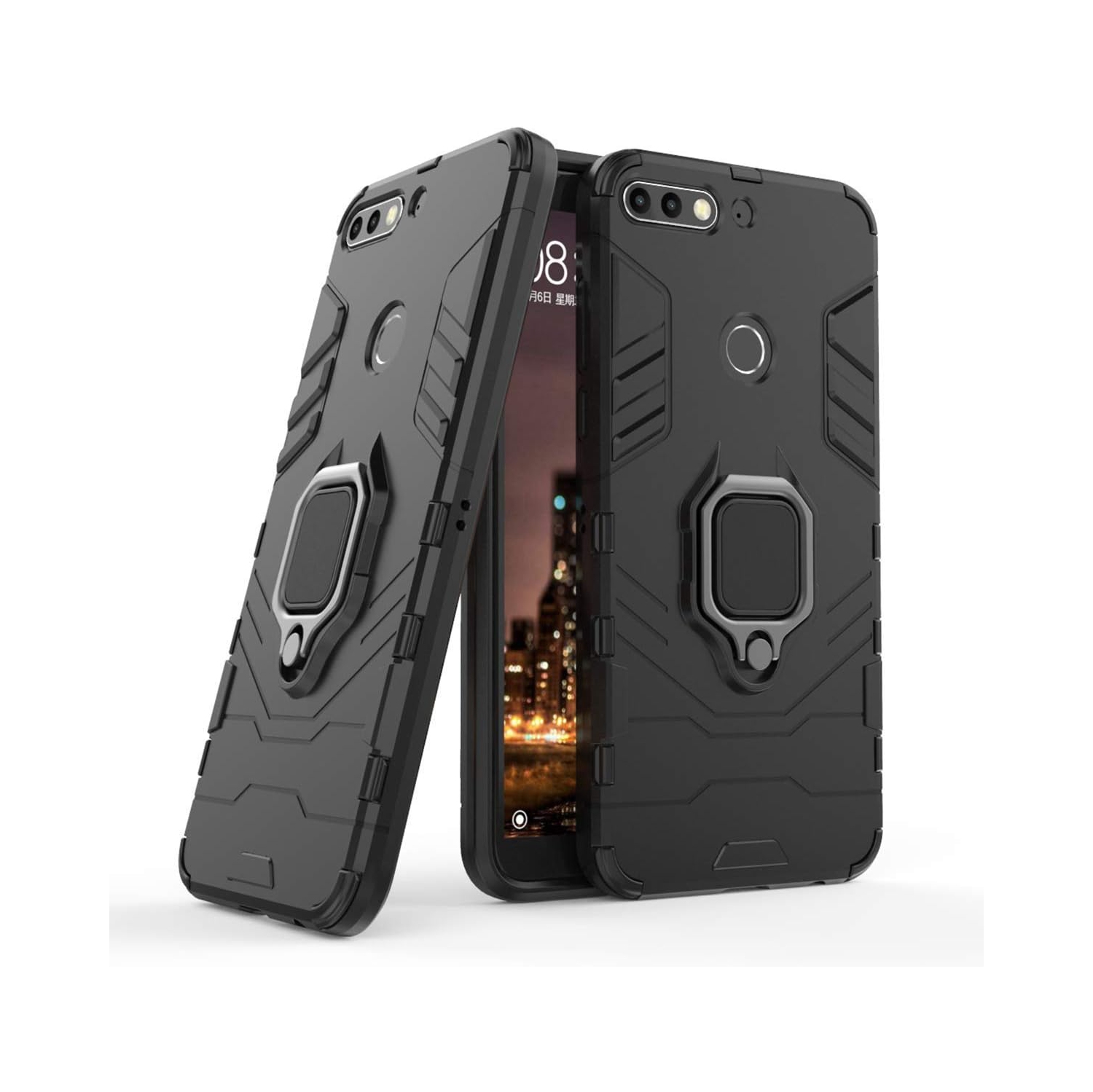 Compatible avec le Y7 prime de Huawei, l'étui Honor 7C, la béquille rigide antichoc en anneau métallique (fonctionne