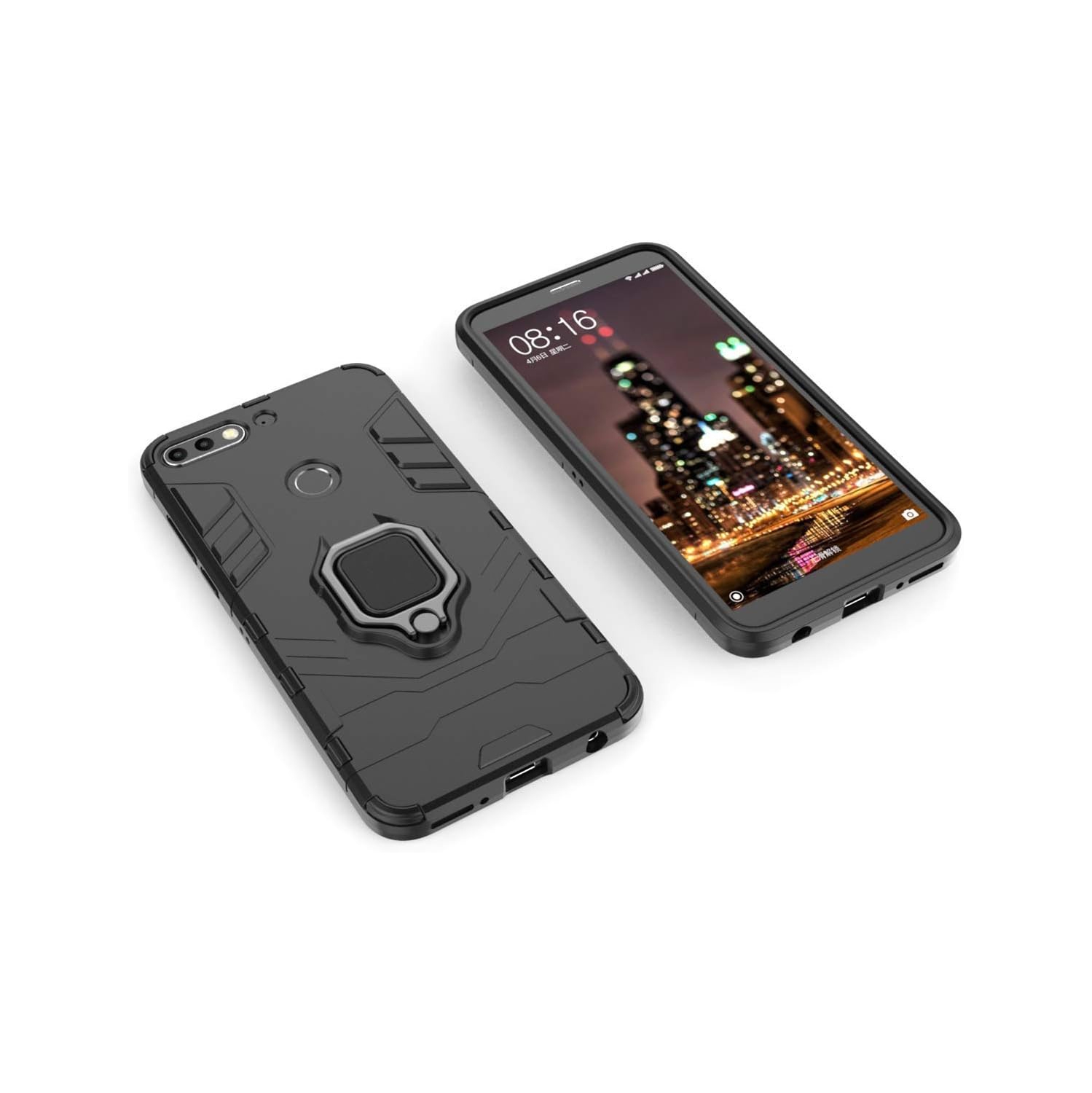 Compatible avec le Y7 prime de Huawei, l'étui Honor 7C, la béquille rigide antichoc en anneau métallique (fonctionne