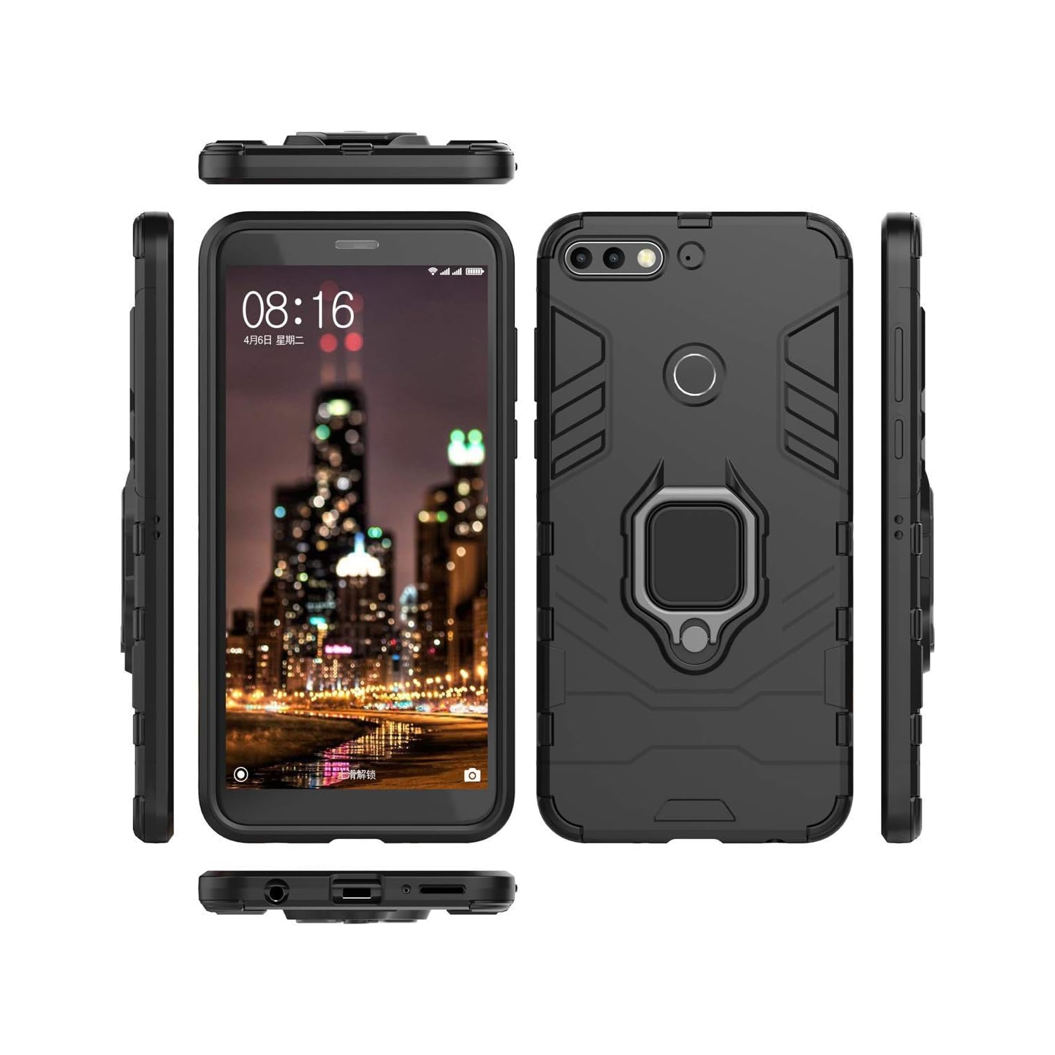 Compatible avec le Y7 prime de Huawei, l'étui Honor 7C, la béquille rigide antichoc en anneau métallique (fonctionne