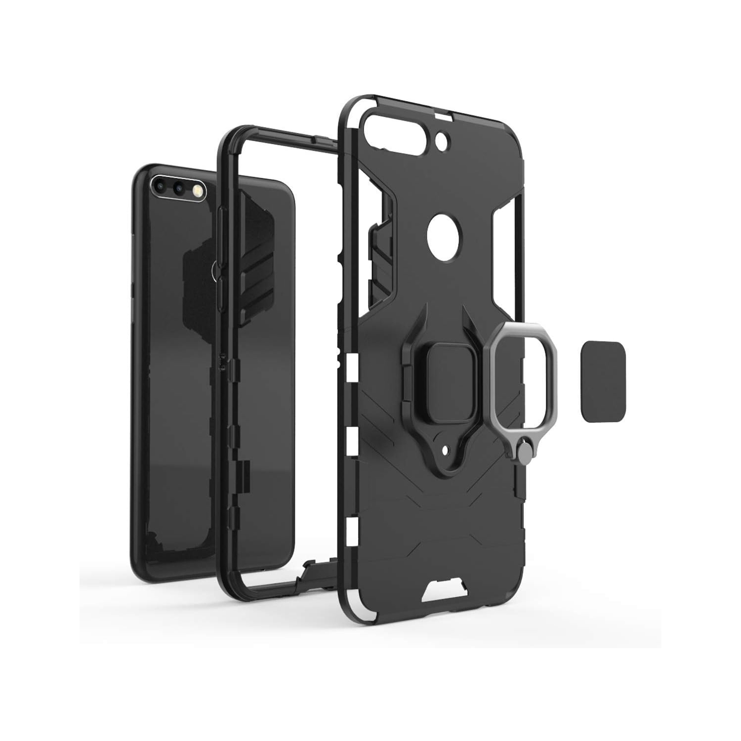 Compatible avec le Y7 prime de Huawei, l'étui Honor 7C, la béquille rigide antichoc en anneau métallique (fonctionne