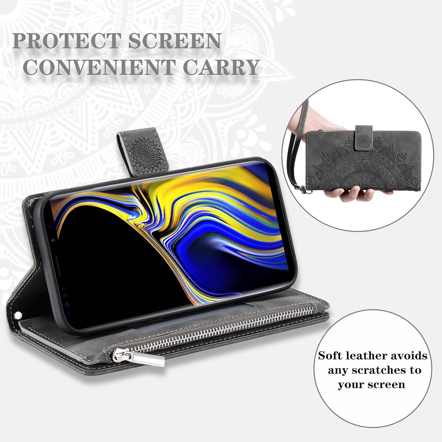 Phone Case for Samsung Galaxy Note 9 Wallet Cover with Tempered Glass Screen Protector and Wrist Strap Mandala