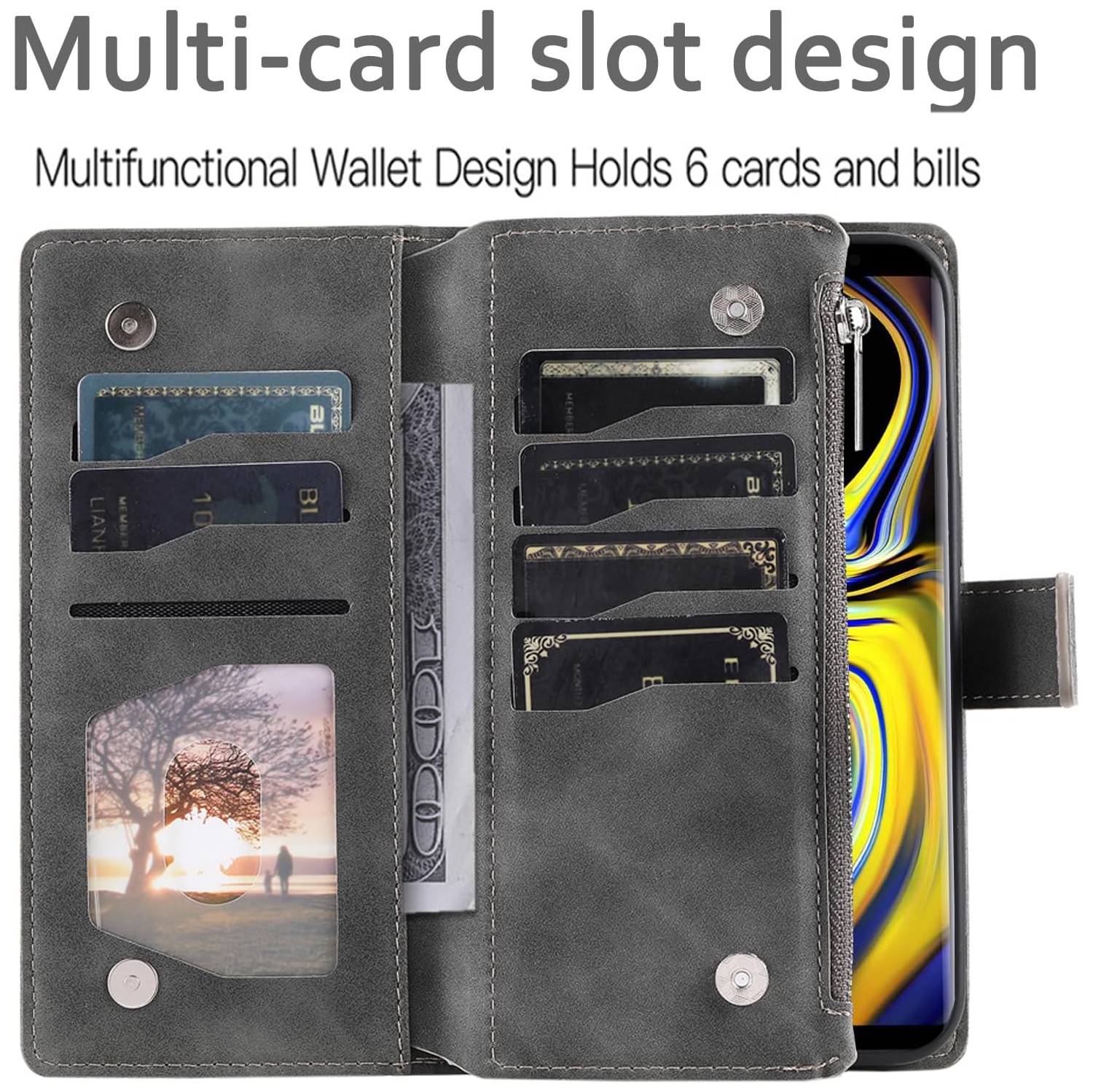 Phone Case for Samsung Galaxy Note 9 Wallet Cover with Tempered Glass Screen Protector and Wrist Strap Mandala