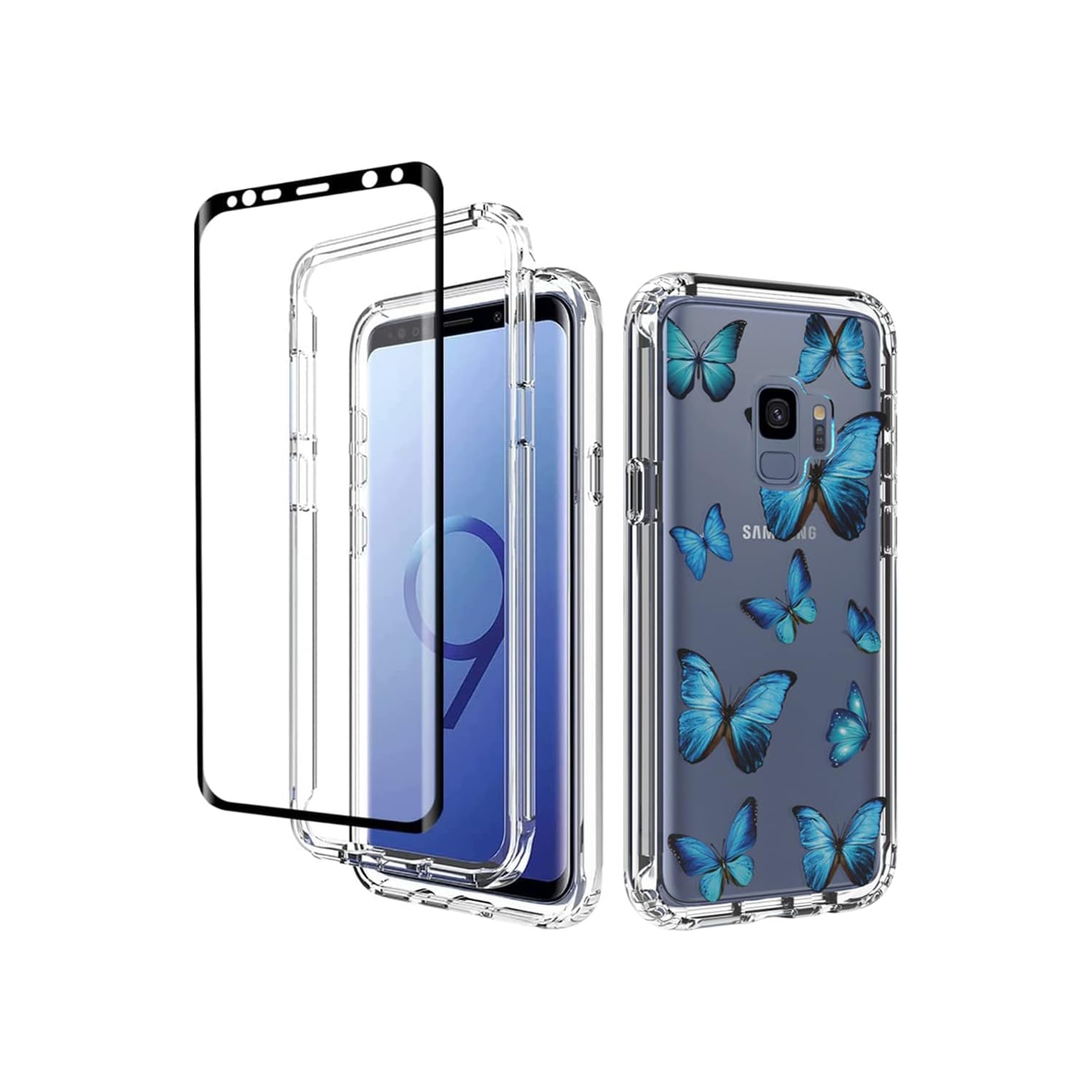Case for Galaxy S9 Case, Samsung S9 SM-G960U Case with Tempered-Glass Screen Protector, Clear Butterfly