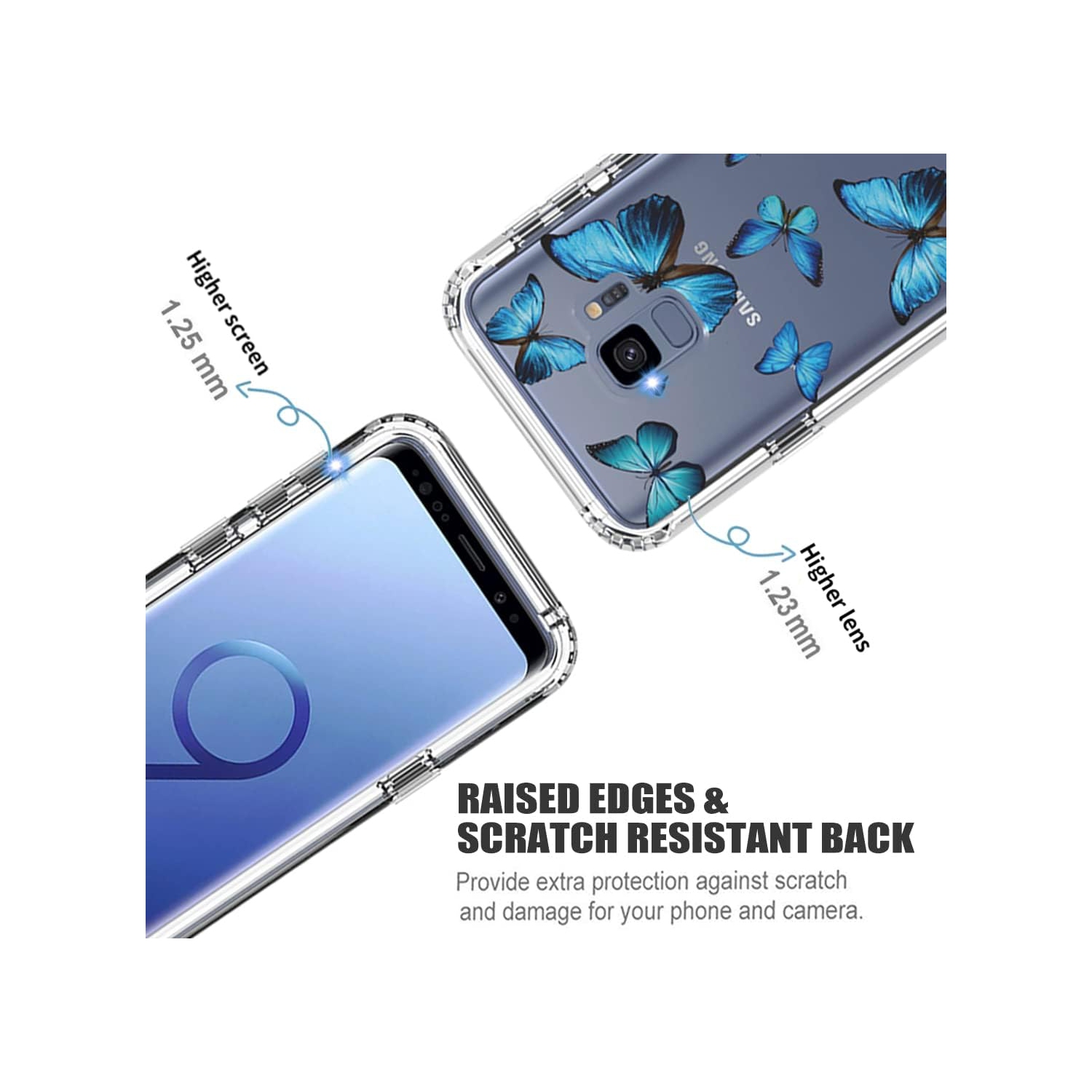 Étui pour Galaxy S9, étui pour Samsung S9 SM-G960U avec protecteur d'écran en verre trempé, papillon transparent