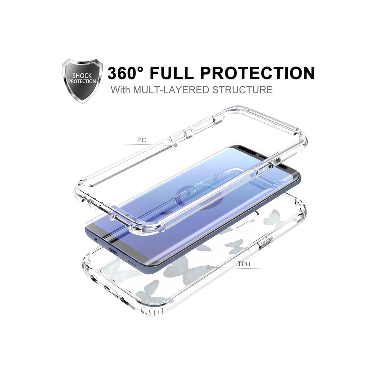 Étui pour Galaxy S9, étui pour Samsung S9 SM-G960U avec protecteur d'écran en verre trempé, papillon transparent