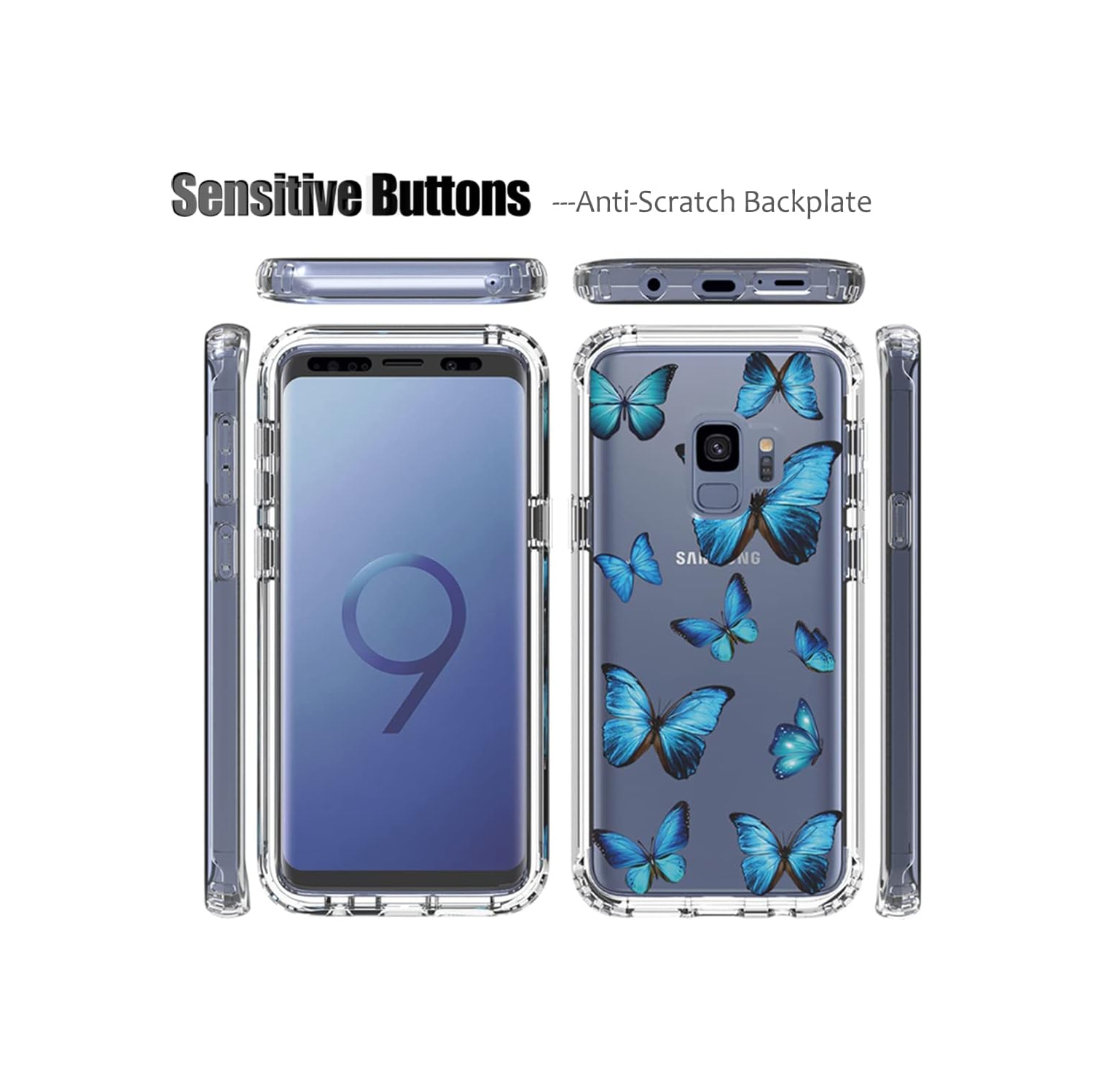 Étui pour Galaxy S9, étui pour Samsung S9 SM-G960U avec protecteur d'écran en verre trempé, papillon transparent
