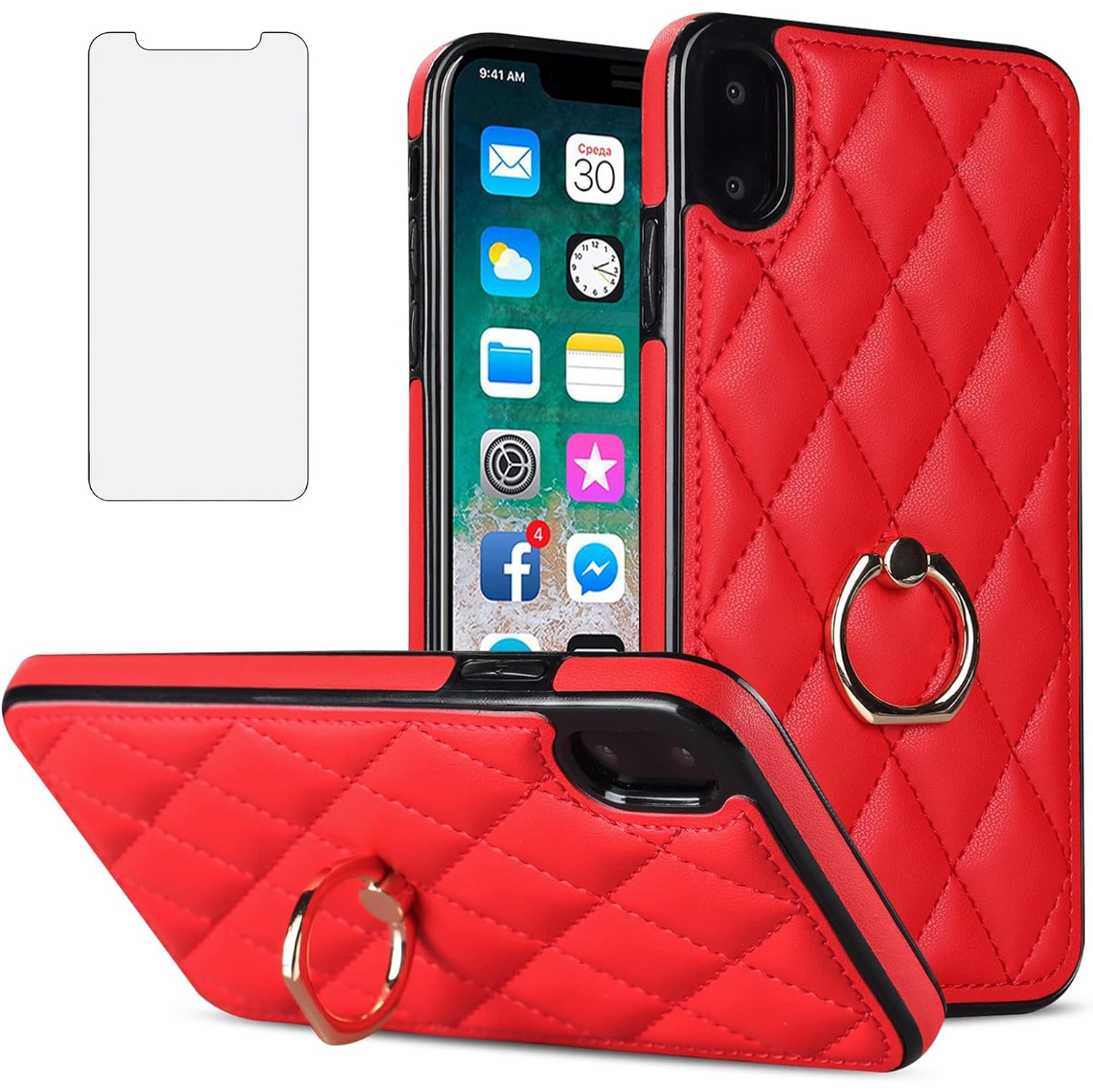 Étui de téléphone pour iPhone XS X 10 10s avec protecteur d'écran en verre trempé et béquille en anneau en cuir souple matelassé