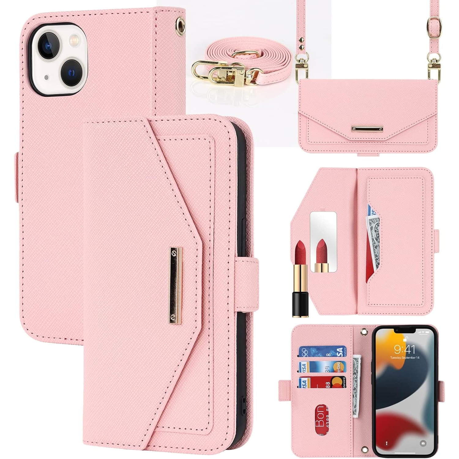 Portefeuille à bandoulière pour étui iPhone 13 avec dragonne ajustable porte-carte de crédit 6,1 po, sac à main en cuir de polyuréthane