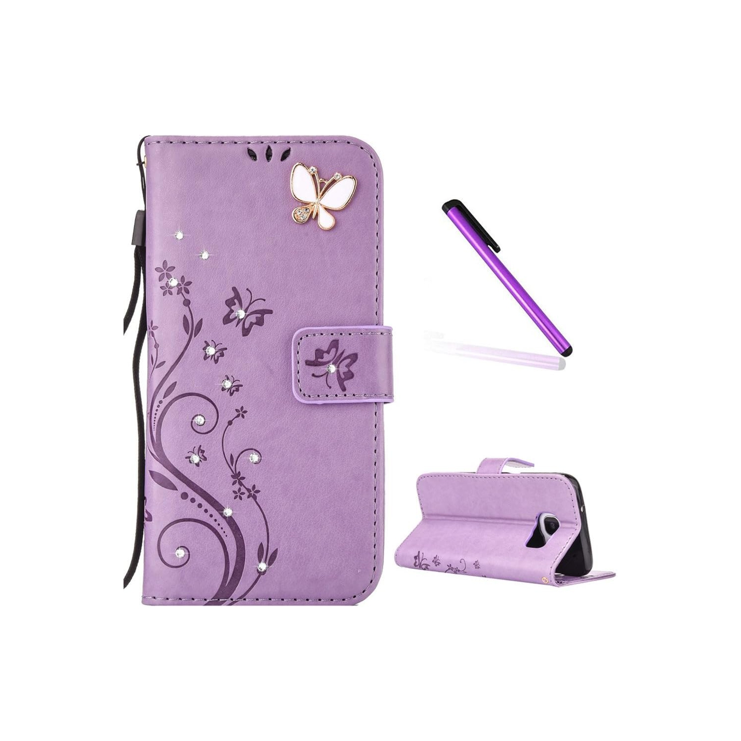 Galaxy S6 Case, Embossed Floral 3D Handmade Bling Crystal Diamonds Butterfly with Card Slots Magnetic Flip