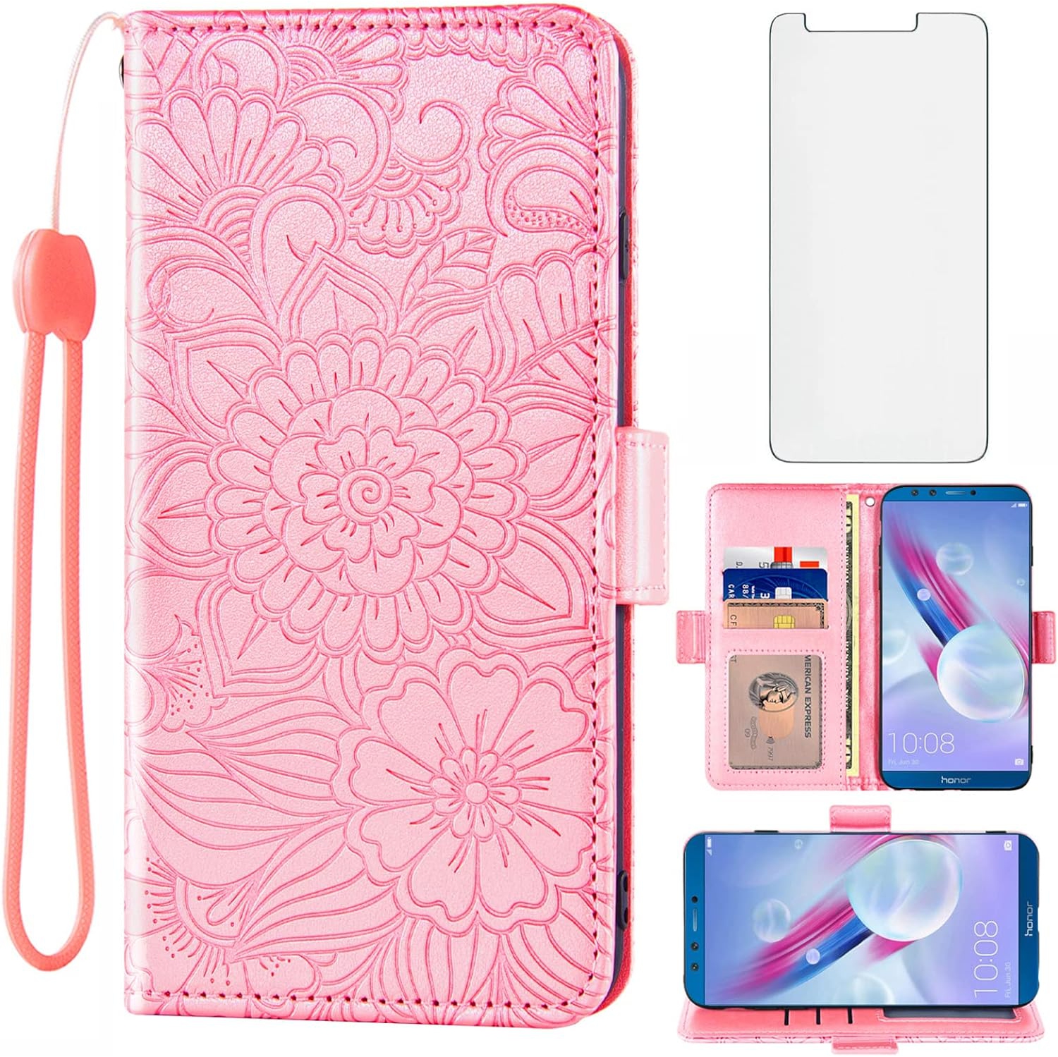 Compatible avec Huawei P Smart 2017/Enioy 7S/Honor 9 Lite/9N/9i Étui portefeuille en verre trempé avec porte-carte