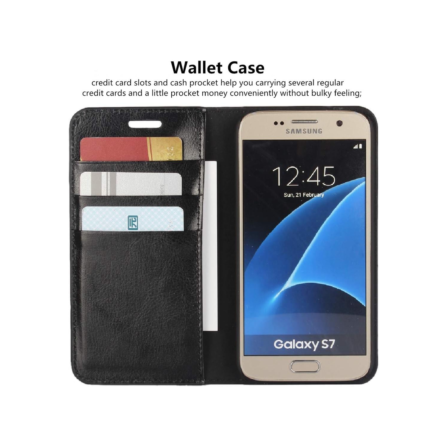 Samsung Galaxy S7 Case, Genuine Leather Wallet Case [Slim Fit] Folio Book Design with Stand and Card Slots