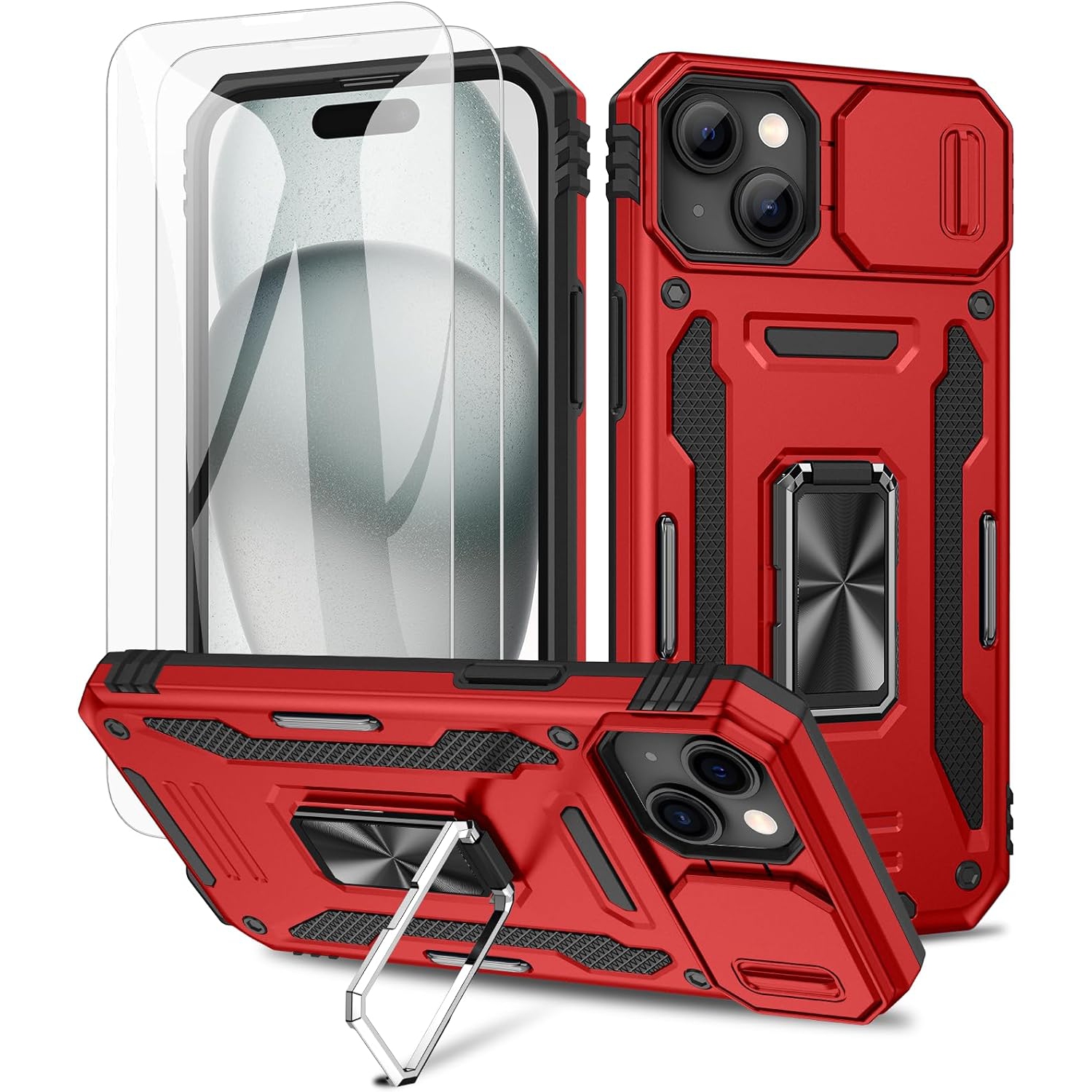 for iPhone Slide Camera Cover Case with Screen Protector, with Built-in 360°Rotate Ring Stand Magnetic Car