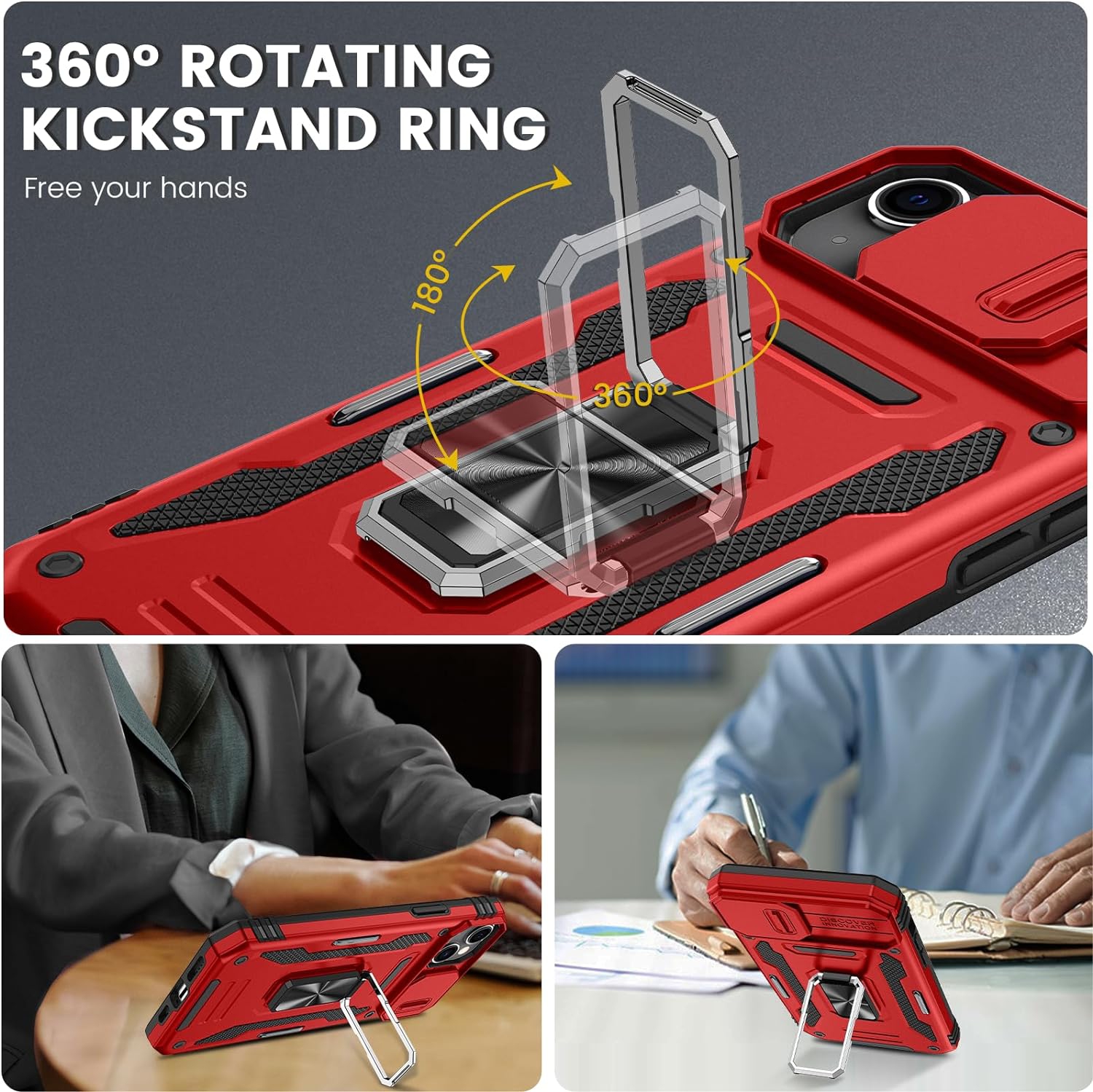 for iPhone Slide Camera Cover Case with Screen Protector, with Built-in 360°Rotate Ring Stand Magnetic Car