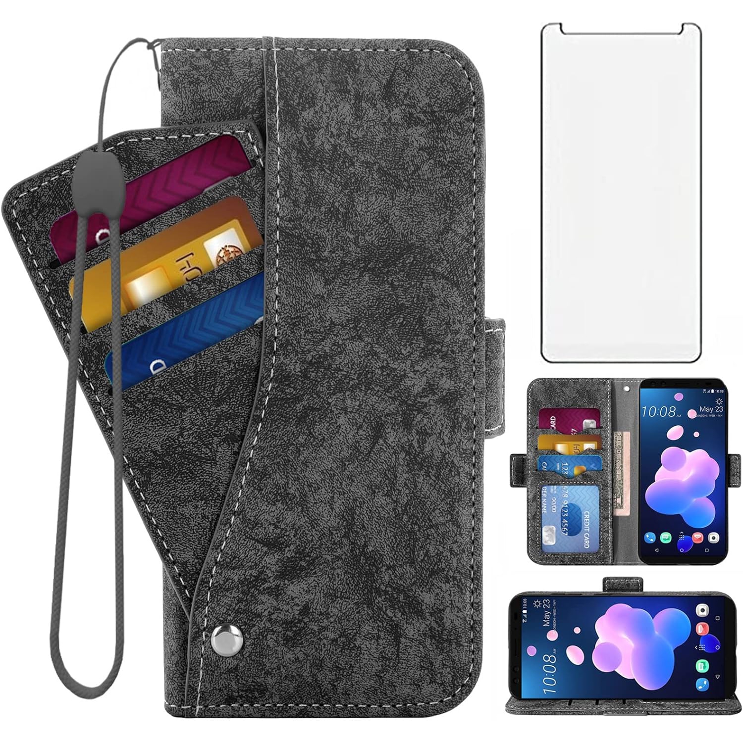 Compatible avec l’étui portefeuille pour HTC U12 plus et le support de carte en verre trempé avec béquille pour support de carte