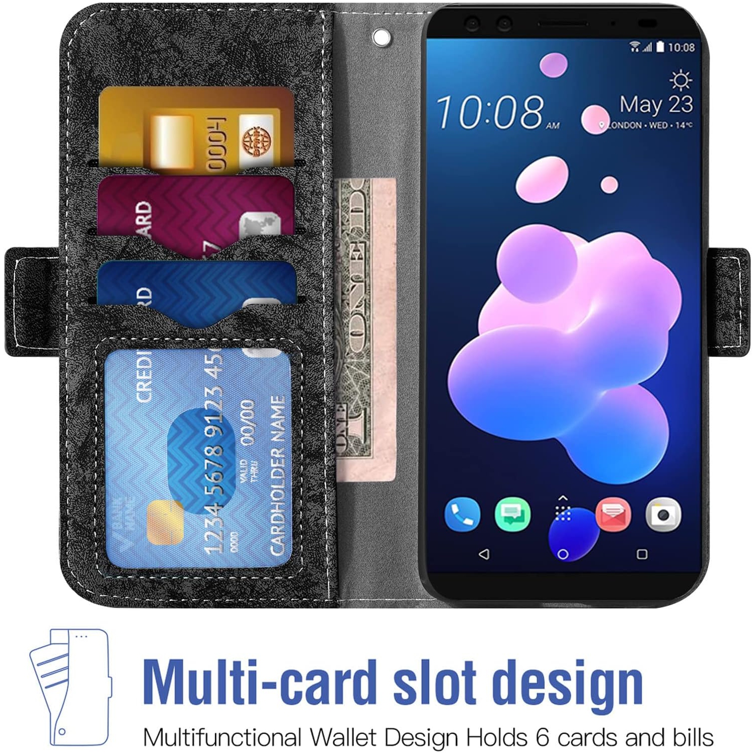 Compatible avec l’étui portefeuille pour HTC U12 plus et le support de carte en verre trempé avec béquille pour support de carte