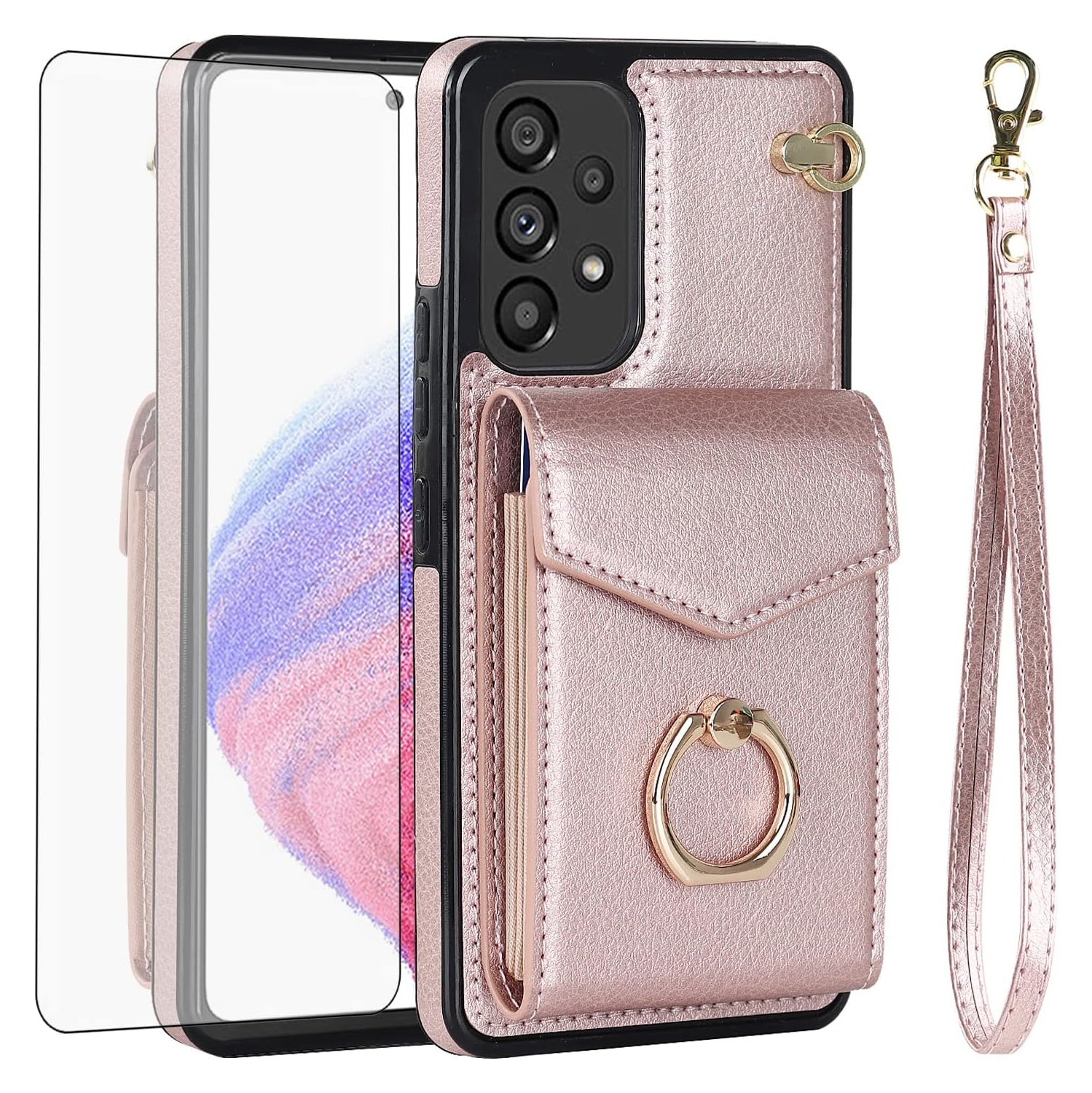 Phone Case for Samsung Galaxy A53 5G Wallet Cover with Tempered Glass Screen Protector and RFID Blocking Ring