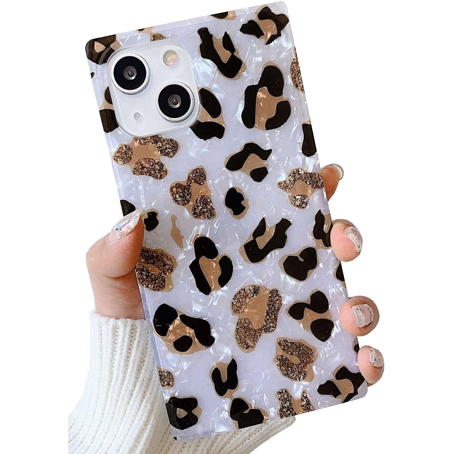 for iPhone 13 Case 6.1-inch,Cute Slim Square Golden Sparkle Glitter Leopard Pattern Soft TPU Silicone