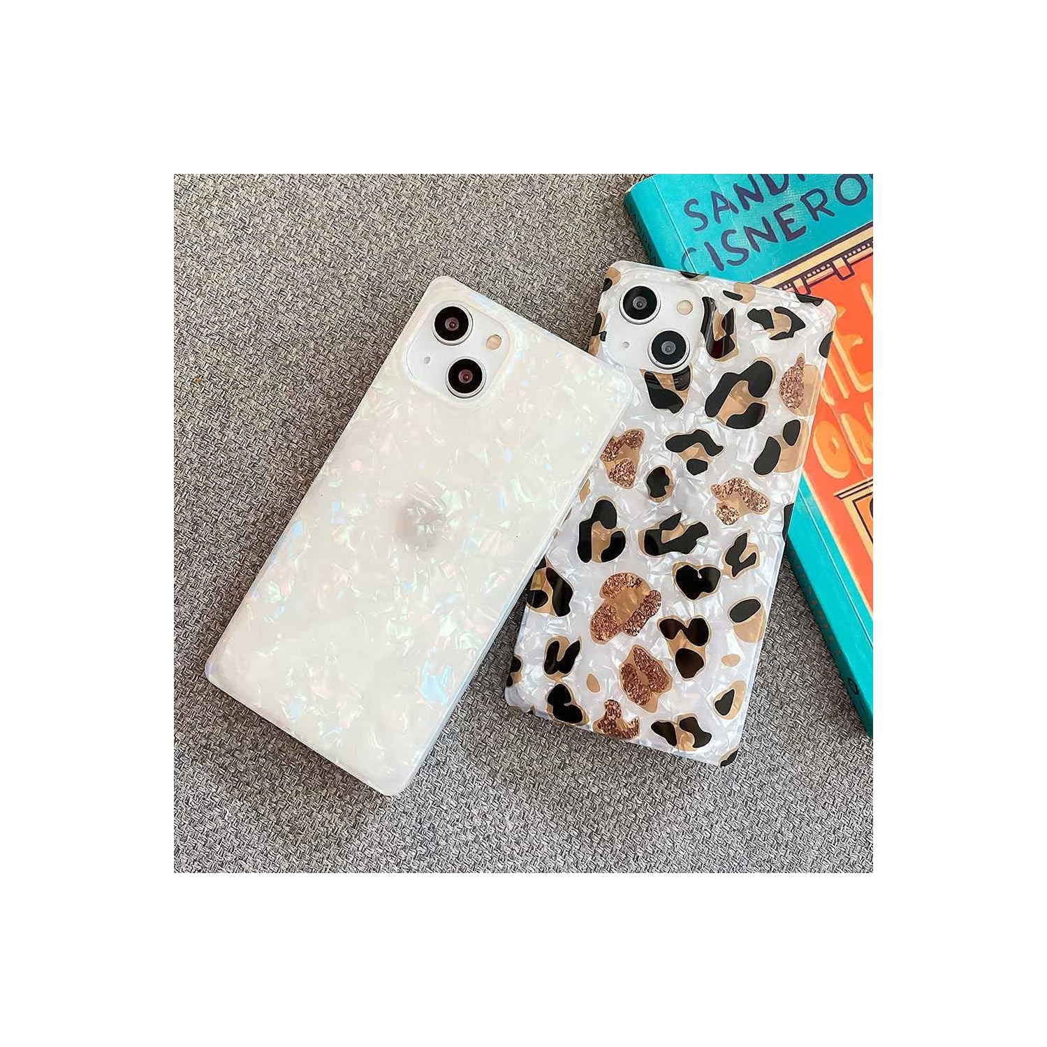 for iPhone 13 Case 6.1-inch,Cute Slim Square Golden Sparkle Glitter Leopard Pattern Soft TPU Silicone