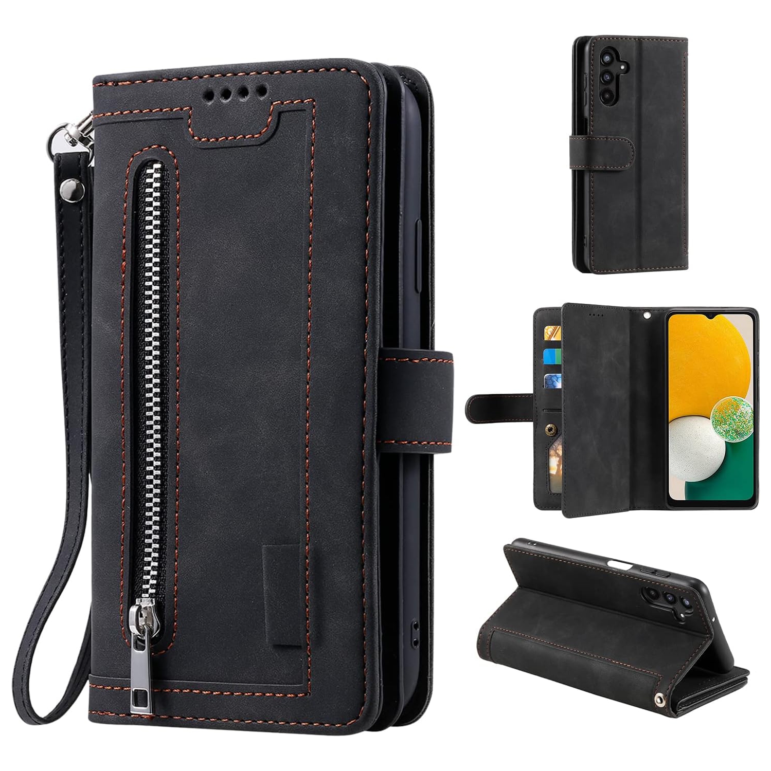 Étui portefeuille pour Samsung Galaxy A13/A04s, rétro 9 fentes porte-cartes à glissière Étui sac à main en cuir pu