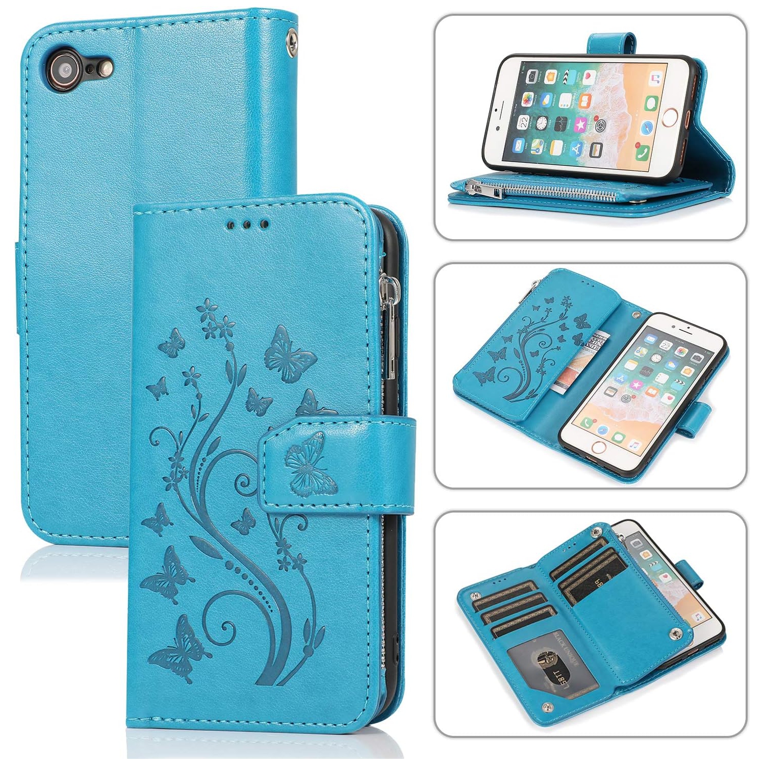Wallet Case for iPhone SE 2022 5G/iPhone 7/iPhone 8/iPhone SE 2020, Premium PU Leather Magnetic Flower Zipper