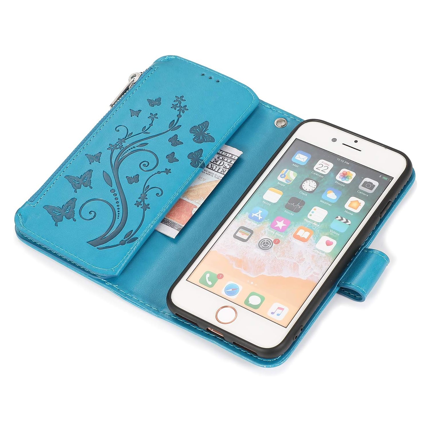 Wallet Case for iPhone SE 2022 5G/iPhone 7/iPhone 8/iPhone SE 2020, Premium PU Leather Magnetic Flower Zipper