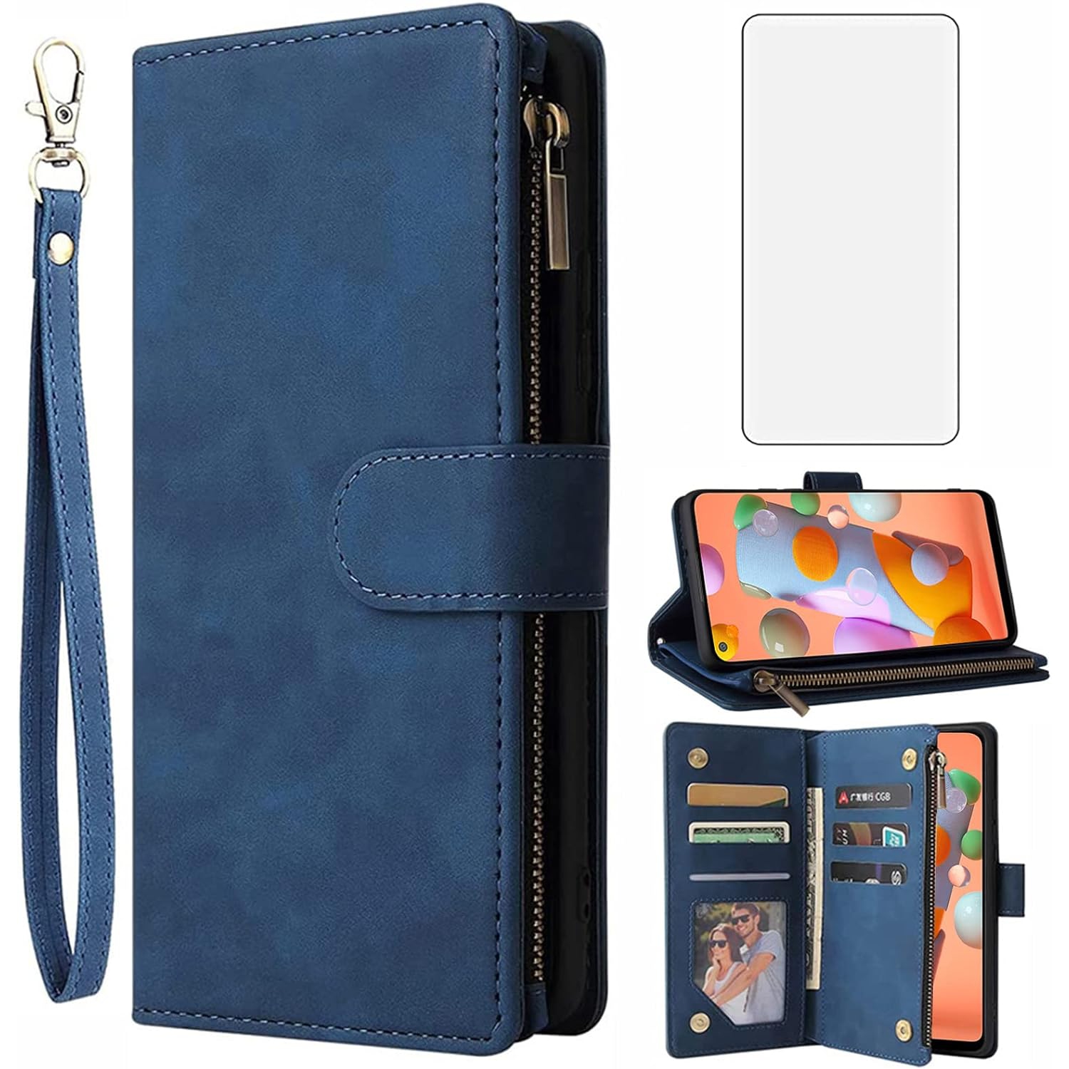 Compatible with Samsung Galaxy A11 Wallet Case Tempered Glass Screen Protector and Leather Flip Cover Card