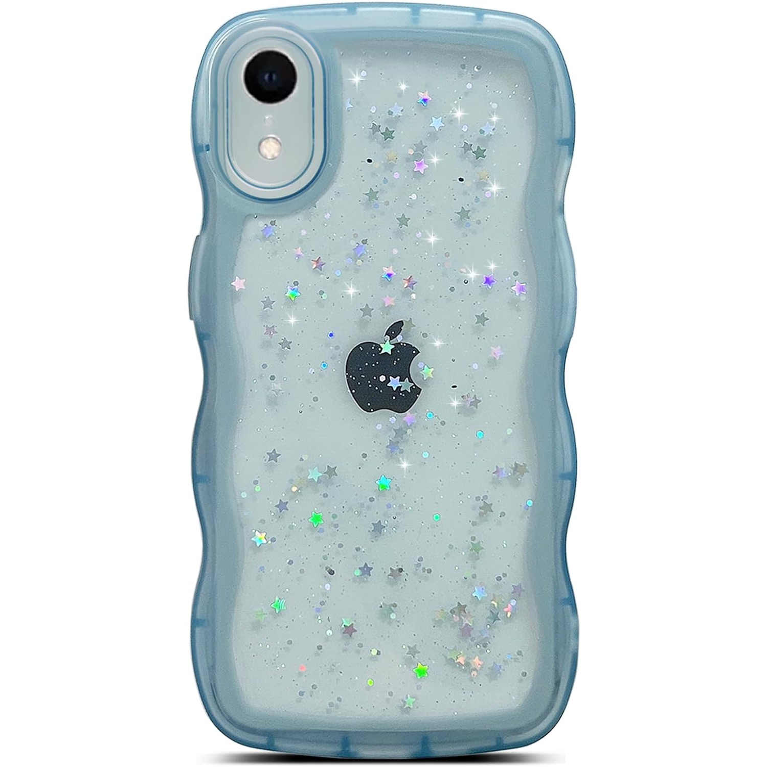 for iPhone XR Case 6.1 inch Curly Wave Edge Design Transparent Bling Glitter Star Shiny Case Cute Clear