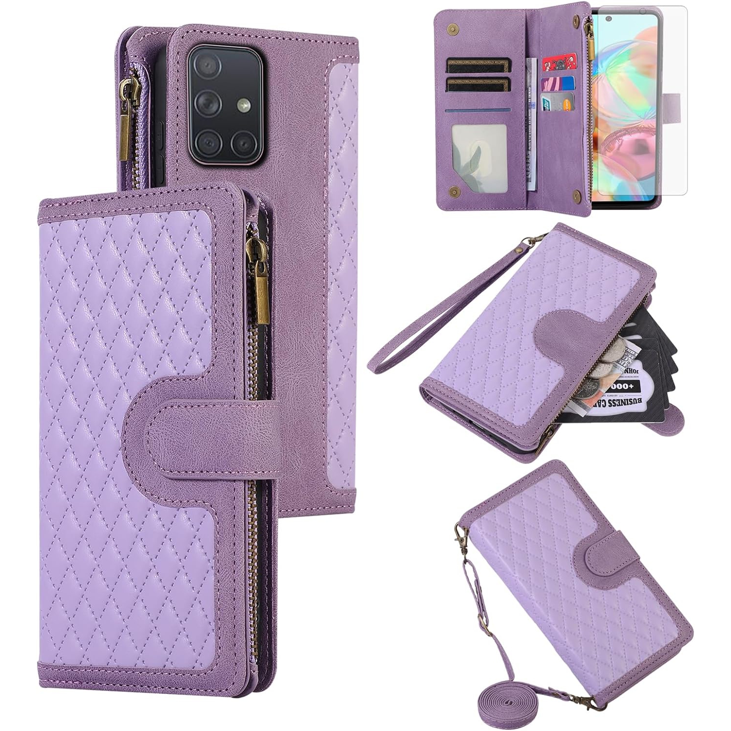 Étui de téléphone pour Galaxy A51 4G de Samsung avec protecteur d'écran en verre trempé et dragonne à bandoulière