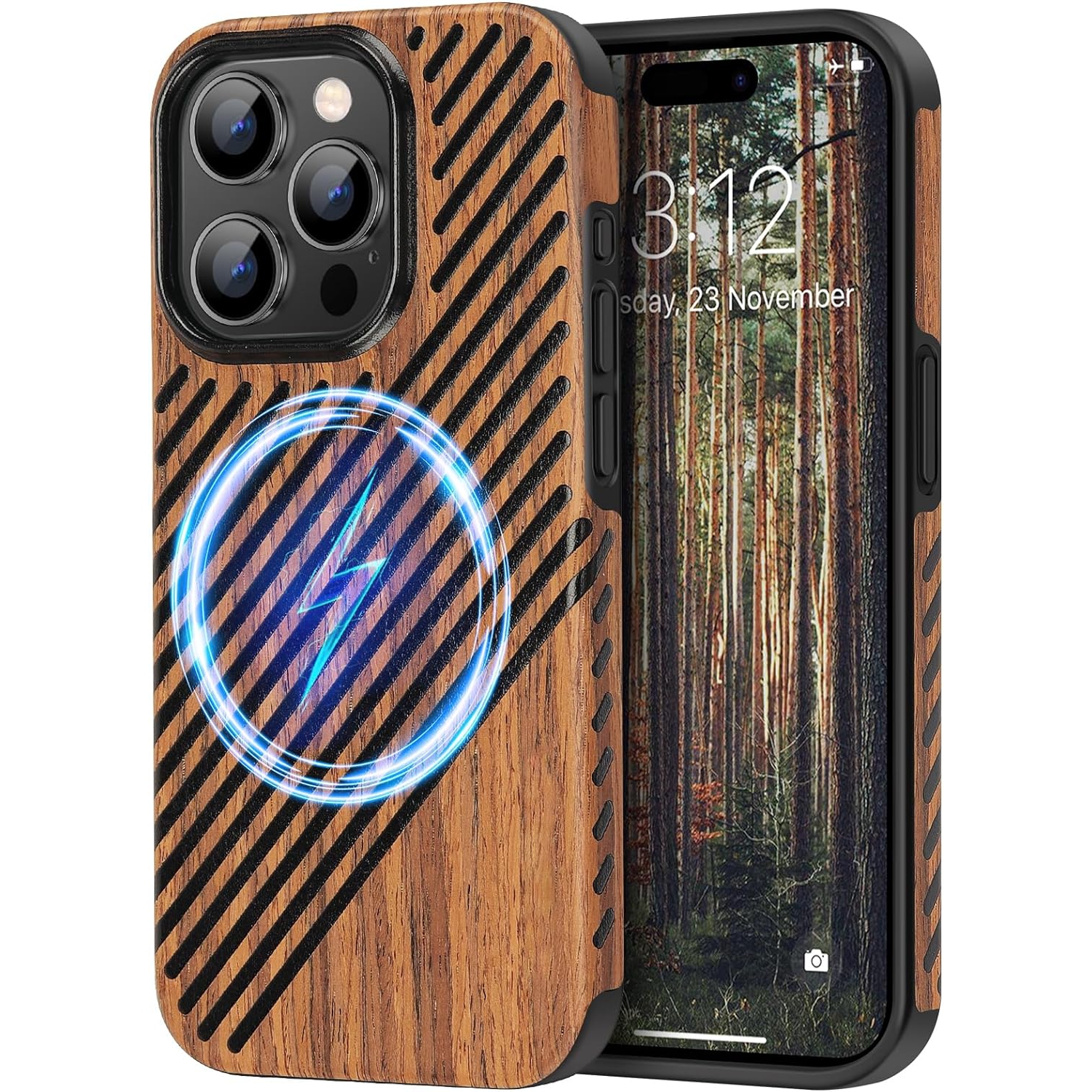Magnetic Case Compatible with iPhone 15 Pro Case Wood Grain with Leather Outside Design TPU Hybrid Case