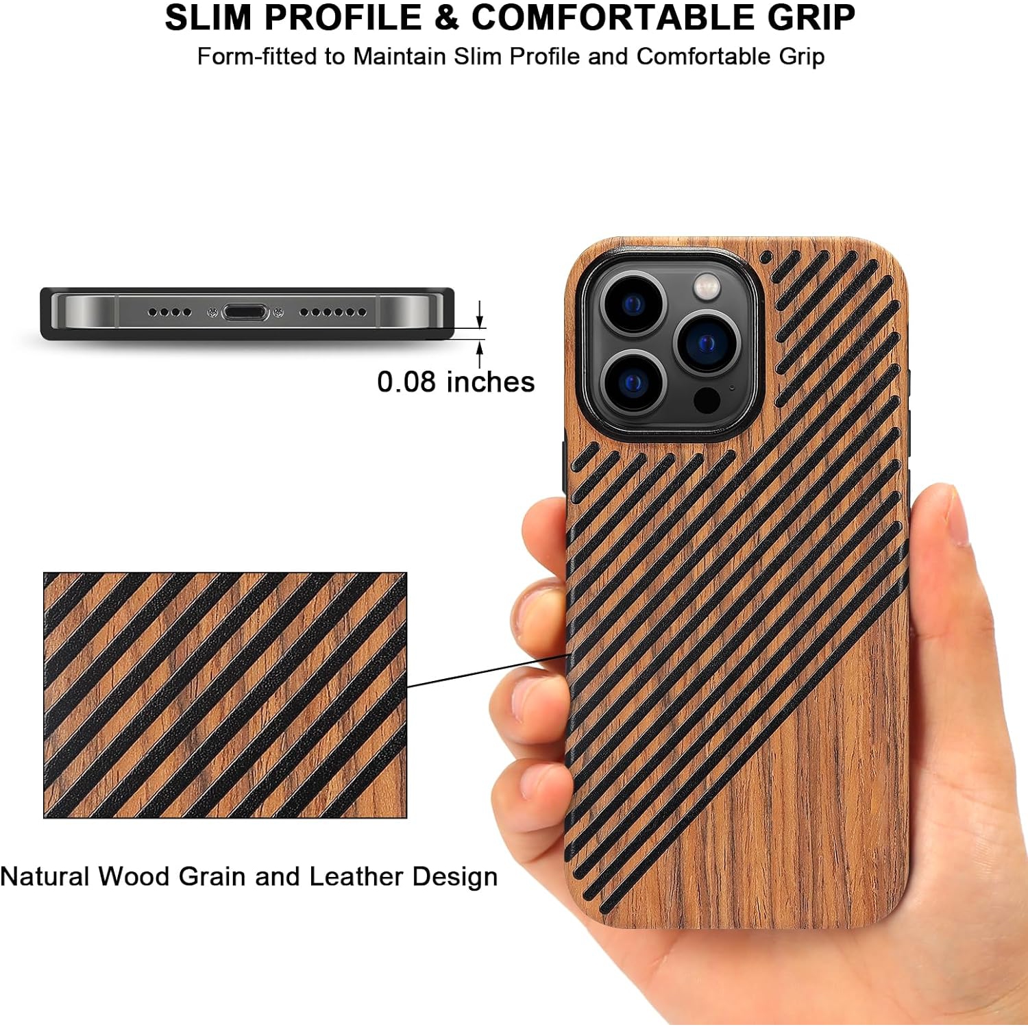 Magnetic Case Compatible with iPhone 15 Pro Case Wood Grain with Leather Outside Design TPU Hybrid Case