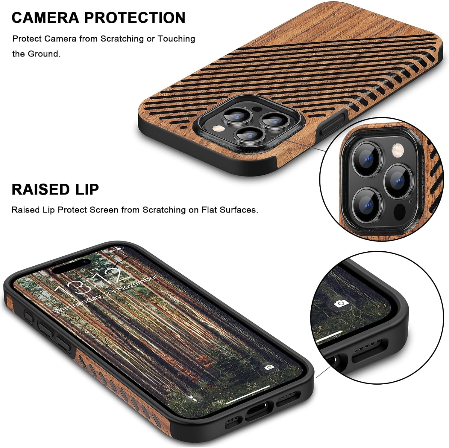 Magnetic Case Compatible with iPhone 15 Pro Case Wood Grain with Leather Outside Design TPU Hybrid Case