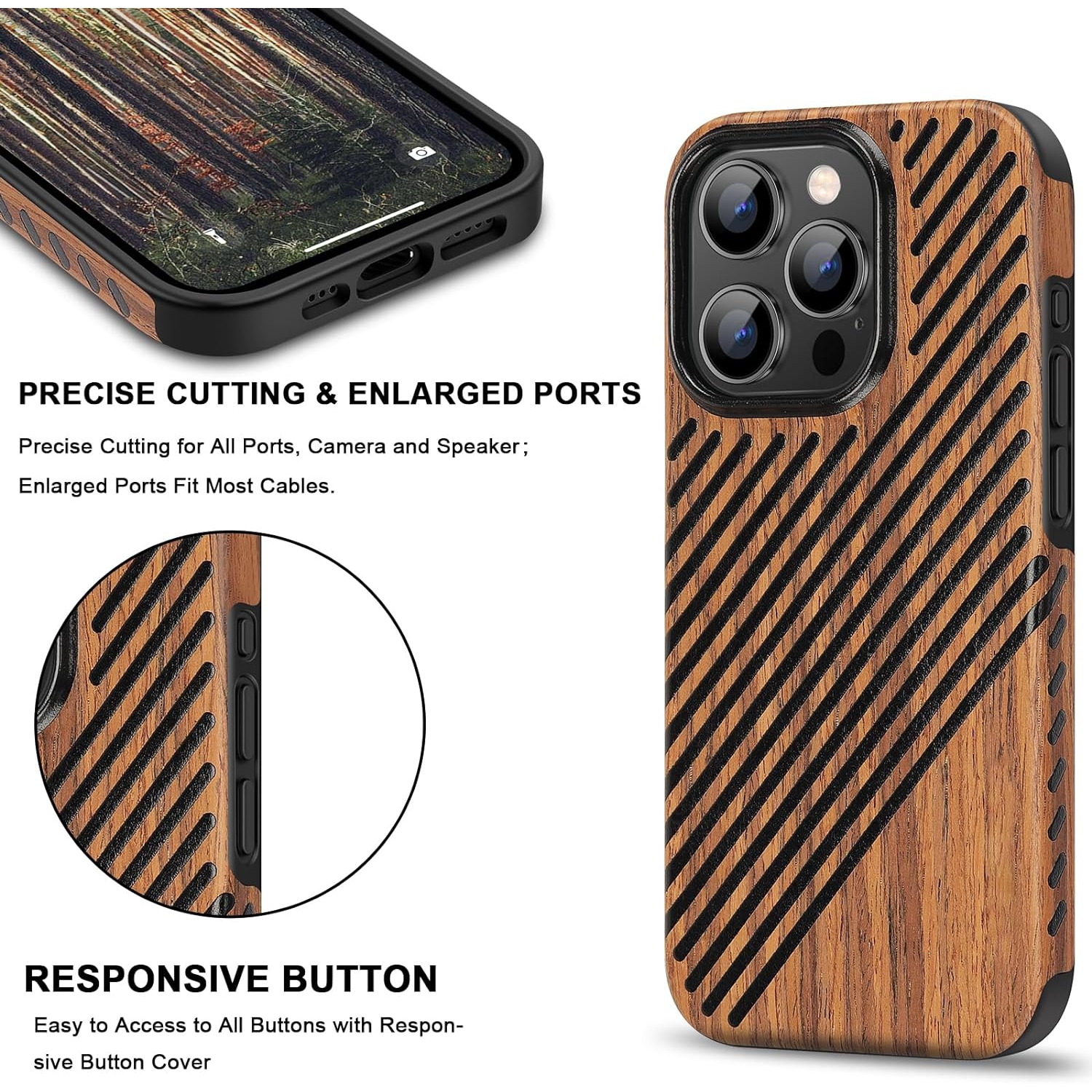 Magnetic Case Compatible with iPhone 15 Pro Case Wood Grain with Leather Outside Design TPU Hybrid Case
