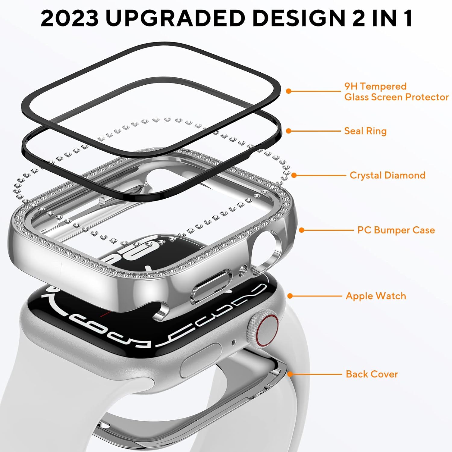 Étui étanche 2-en-1 pour Apple Watch Series 8 7 45&nbsp;mm, protection complète PC, pare-chocs avant et arrière avec trempé