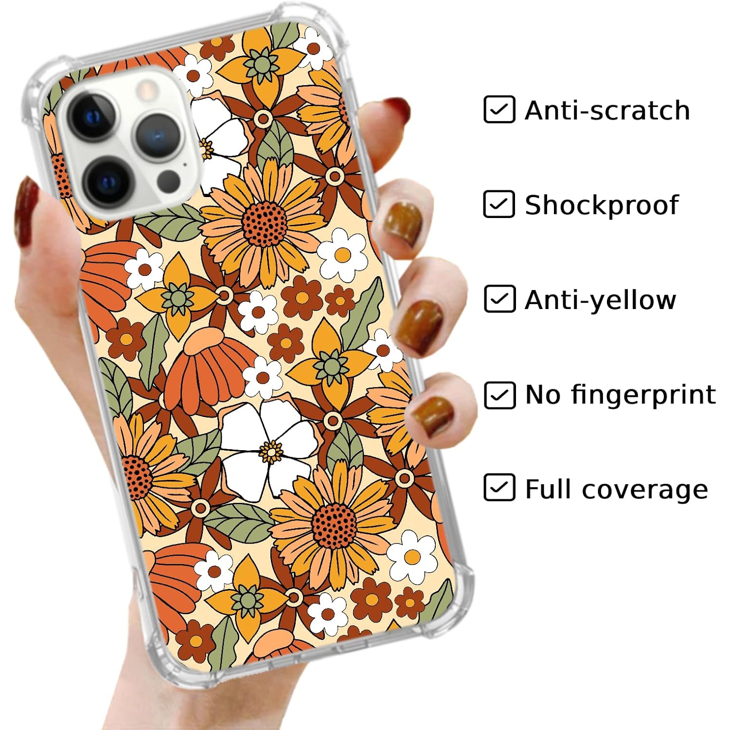 Retro 70s Flowers Case Compatible with iPhone 15 Pro Max, Hippie Groovy Colorful Floral Case for iPhone 15